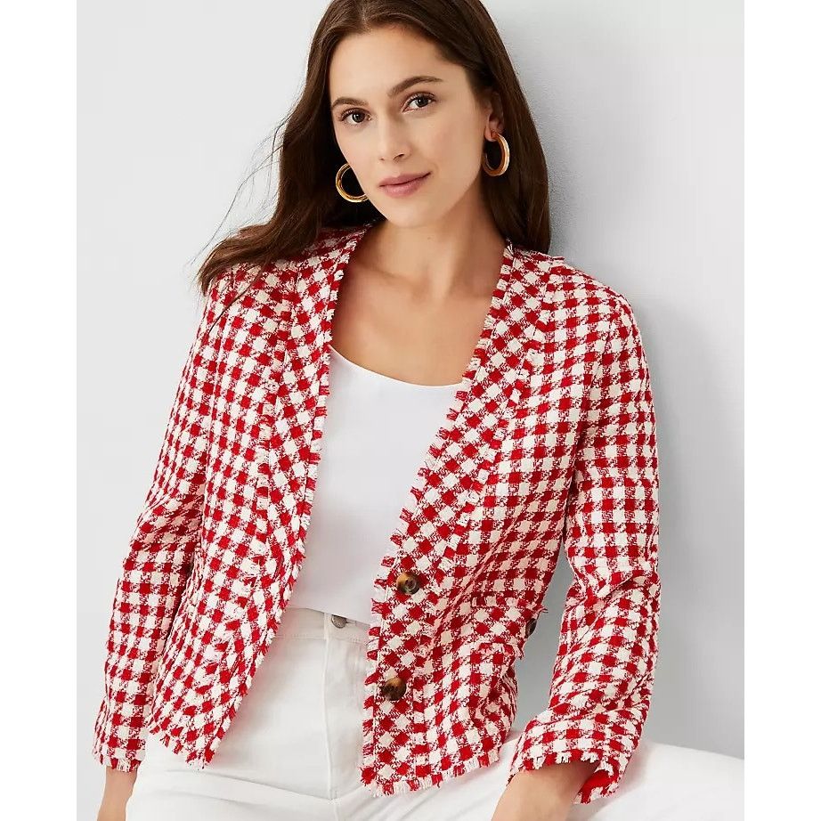 Other Ann Taylor Tweed Fringe Jacket Orange White Plaid Check 12 Size XL / US 12-14 / IT 48-50 - 9 Thumbnail