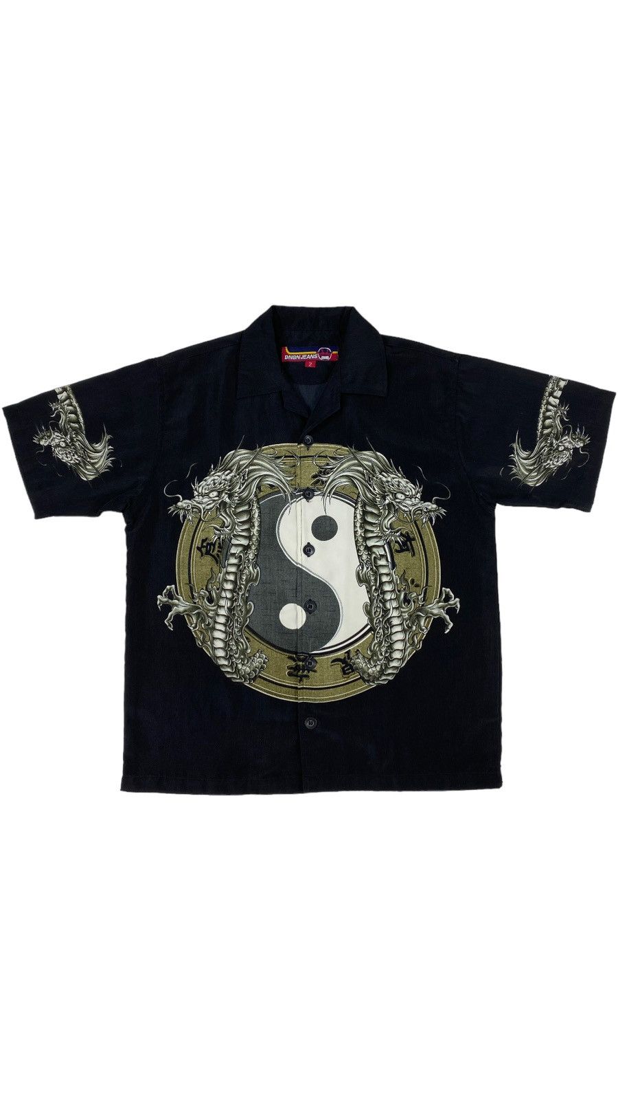 Image of Hawaiian Shirt x Vintage Vintage Y2K Yin Yang Dragons Crazy Party Shirt in Black, Women's (Size XS)