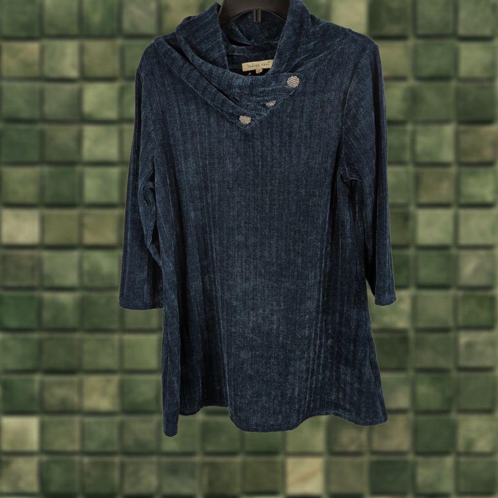 Vintage Indigo Soul Navy Blue Ribbed Cowl Neck Tunic Top with Front Buttons 3/4 Sleeve L Women Shirt Pullover Blackout? Size L / US 10 / IT 46 - 1 Thumbnail