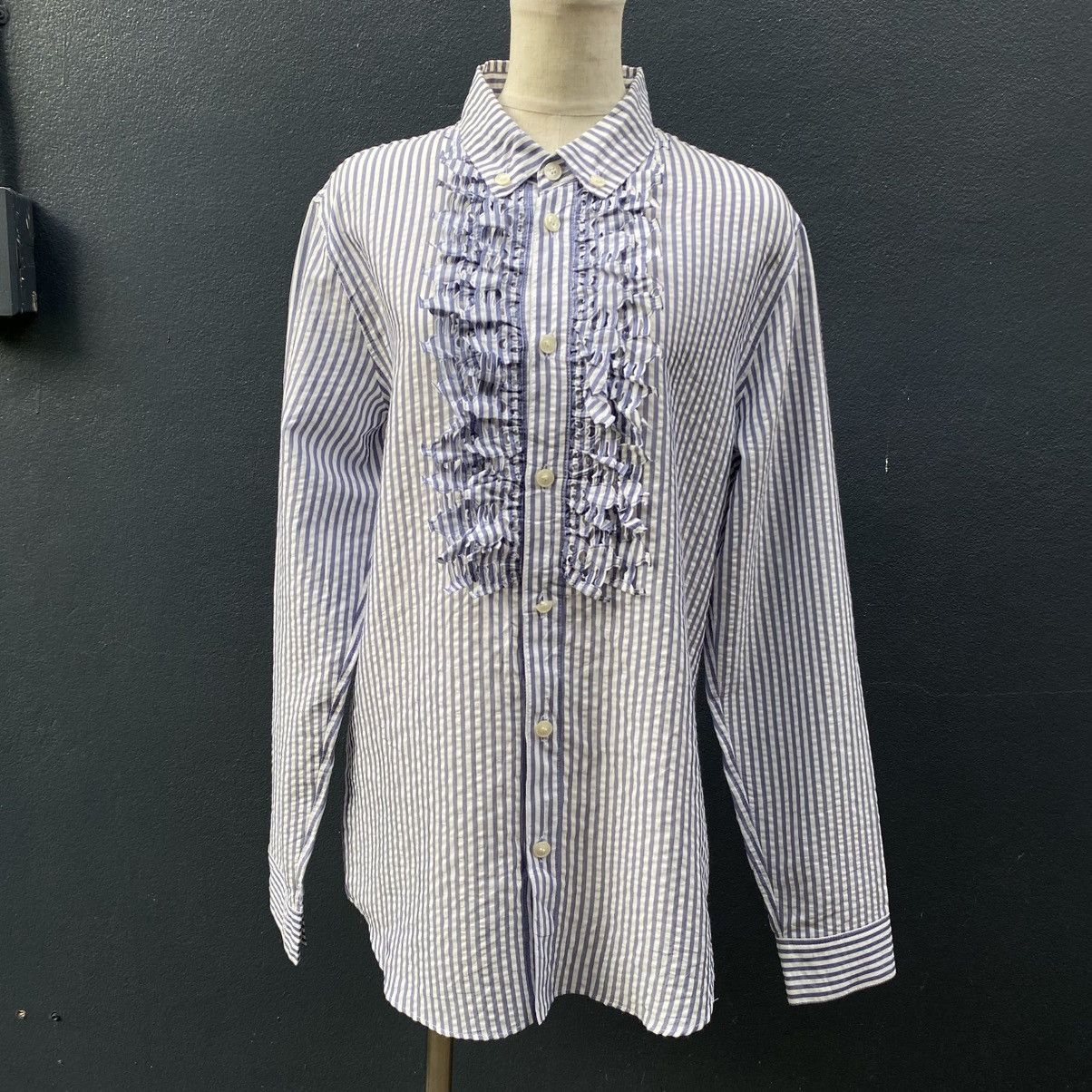 Ne-Net Ne-net Blue and White Striped Ruffle Front Shirt Size US L / EU 52-54 / 3 - 13 Thumbnail