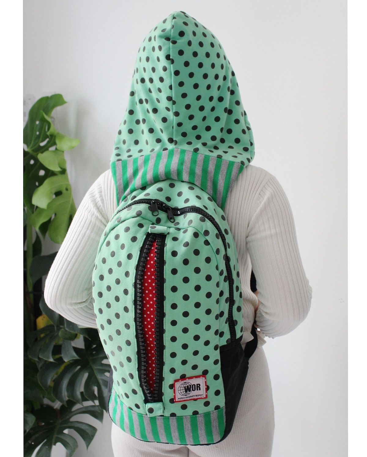 Japanese Brand 2000S HOODED BACKPACK BY WOR – GREEN POLKA DOTS Size ONE SIZE - 4 Thumbnail