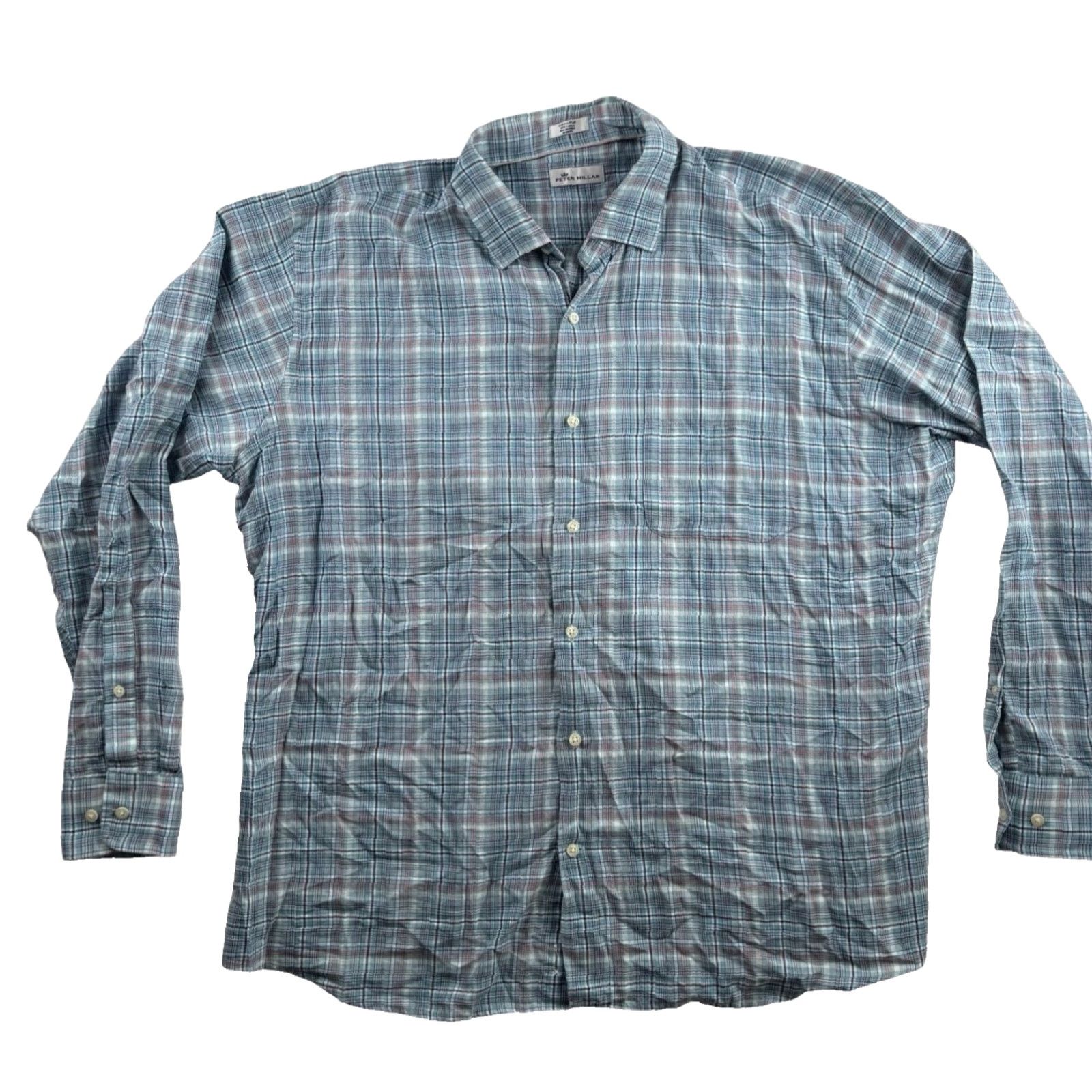 Peter Millar Shirt Men’s Cotton Plaid Button-Up Blue Large