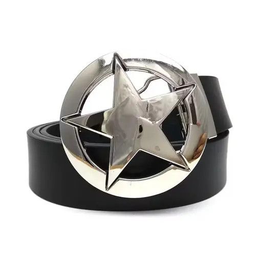 image of Leather x Unbrnd Silver Star Round Metal Belt Buckle in Black, Men's