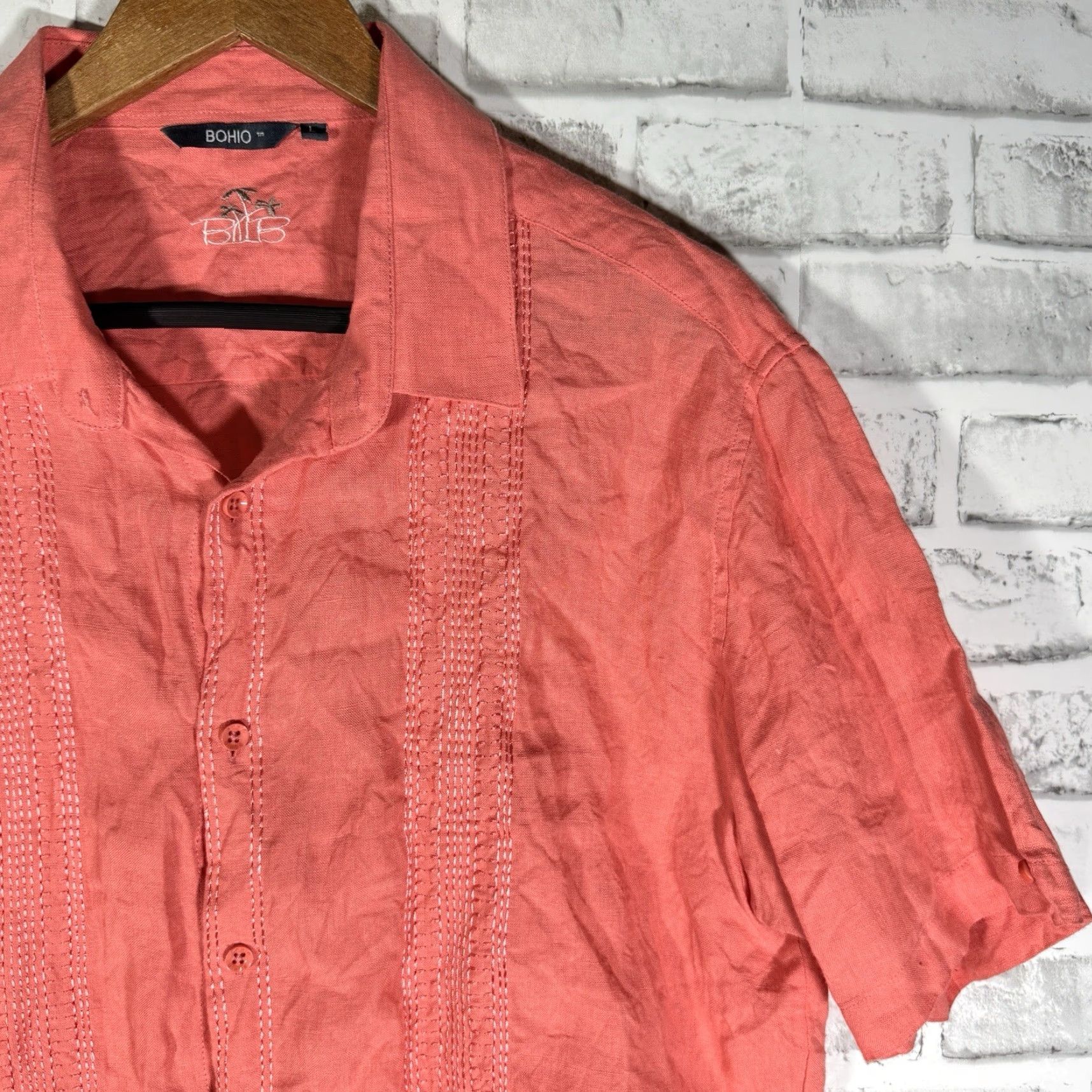Pinko Bohio Shirt Mens Pink Linen Short Sleeve Button-Down Casual L Size US L / EU 52-54 / 3 - 2 Thumbnail