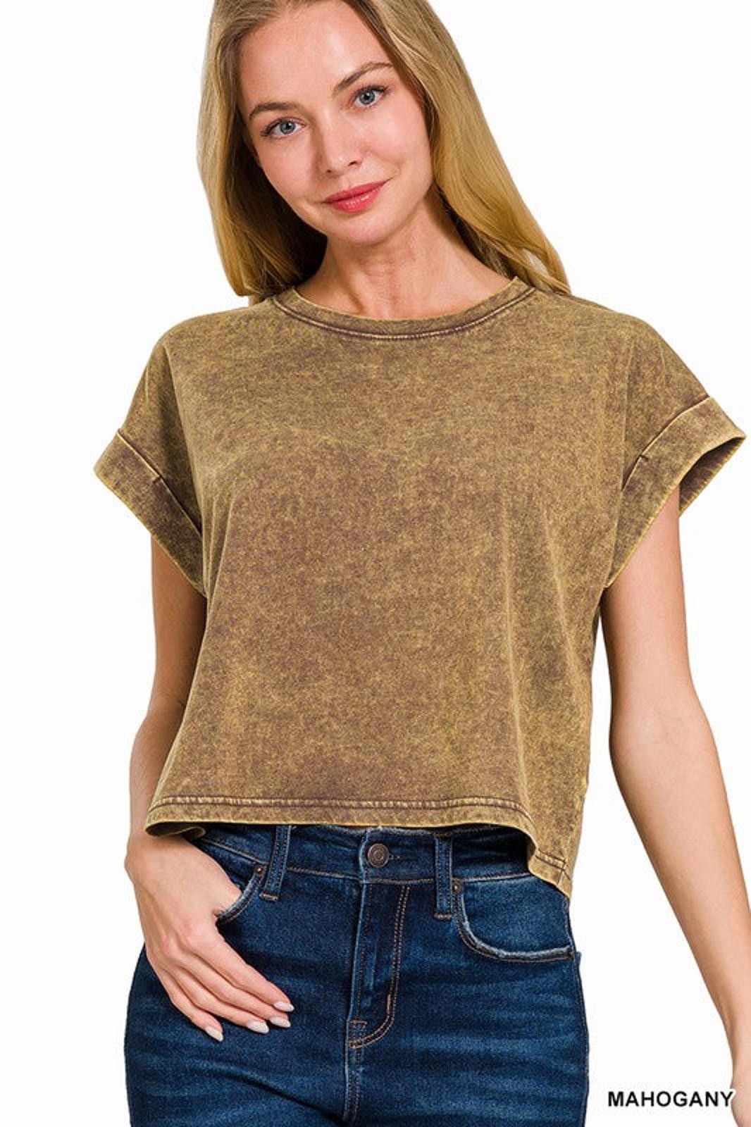 Other Acid Wash Cotton Folded Sleeve Top Zenana Size S / US 4 / IT 40 - 1 Thumbnail