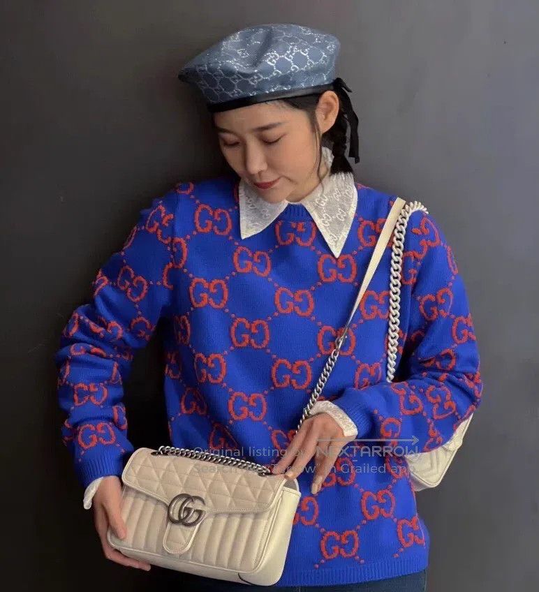 Gucci Gucci 22 blue logo jacquard full-print wool round-neck lon Size US XL / EU 56 / 4 - 8 Thumbnail