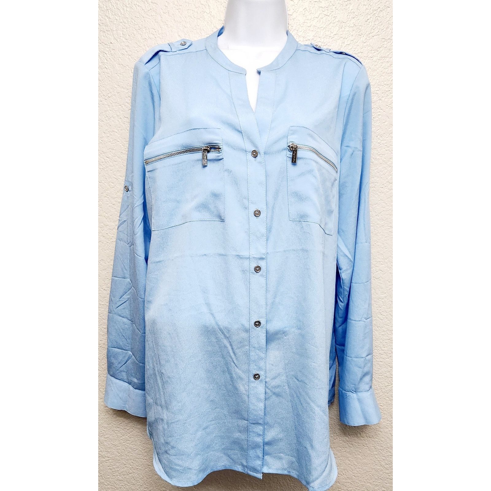 Calvin Klein Calvin Klein Blue Zipper Pockets Button Up Top Large Soft Size L / US 10 / IT 46 - 1 Thumbnail