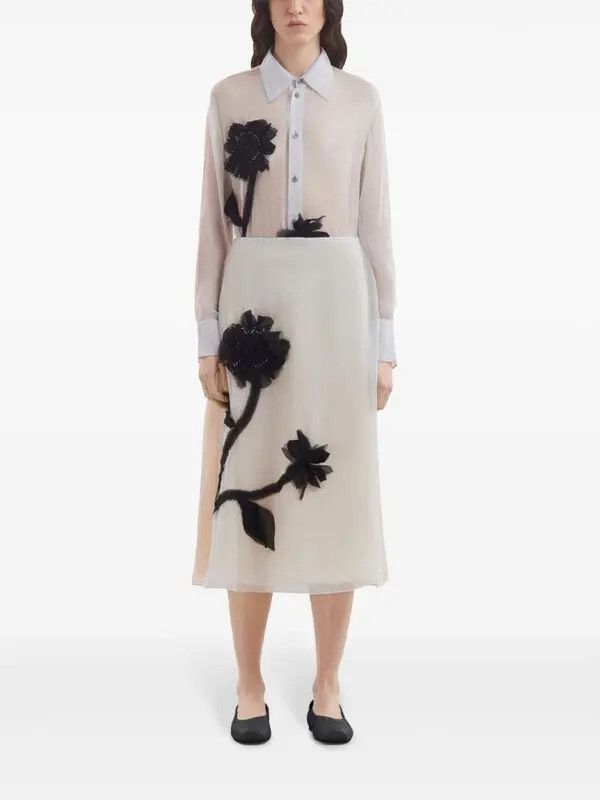 Marni o1w1db11125 Floral-Appliqué Silk Midi Skirt in White Size 27" / US 4 / IT 40 - 2 Thumbnail