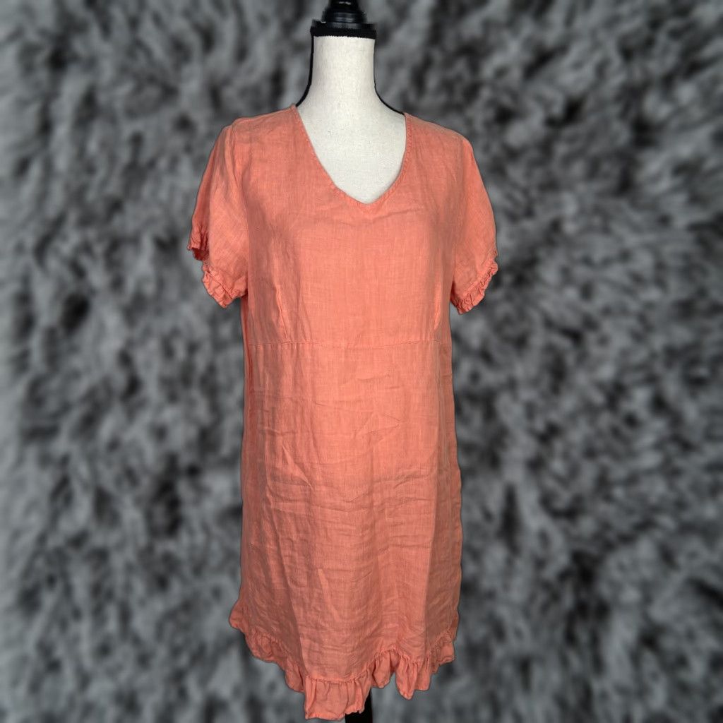 VINTAGE Match Point Women's Linen Dress Sundress Casual Short Sleeve V-Neck  Ruffle Mid Peach Large