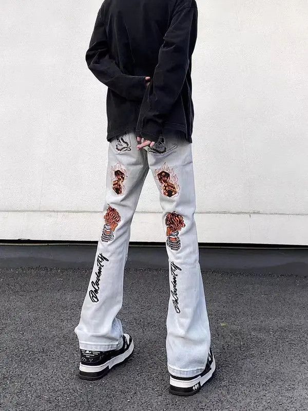 VIBE Street Hip Hop Flame Skull Embroidered Jeans Size US 32 / EU 48 - 6 Thumbnail