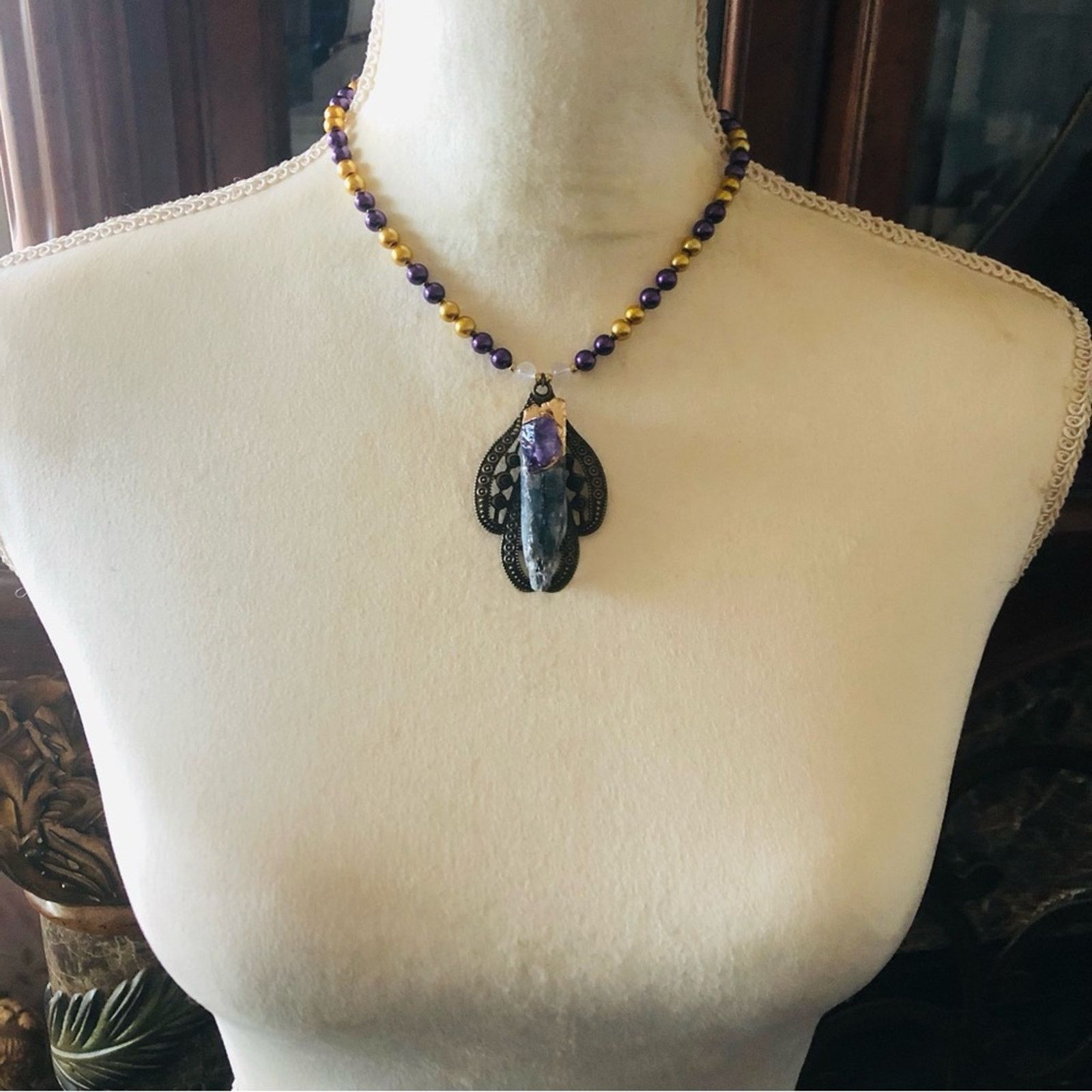 Handmade Handcrafted repurpose kyanite and amethyst Pearl necklace Size ONE SIZE - 5 Thumbnail