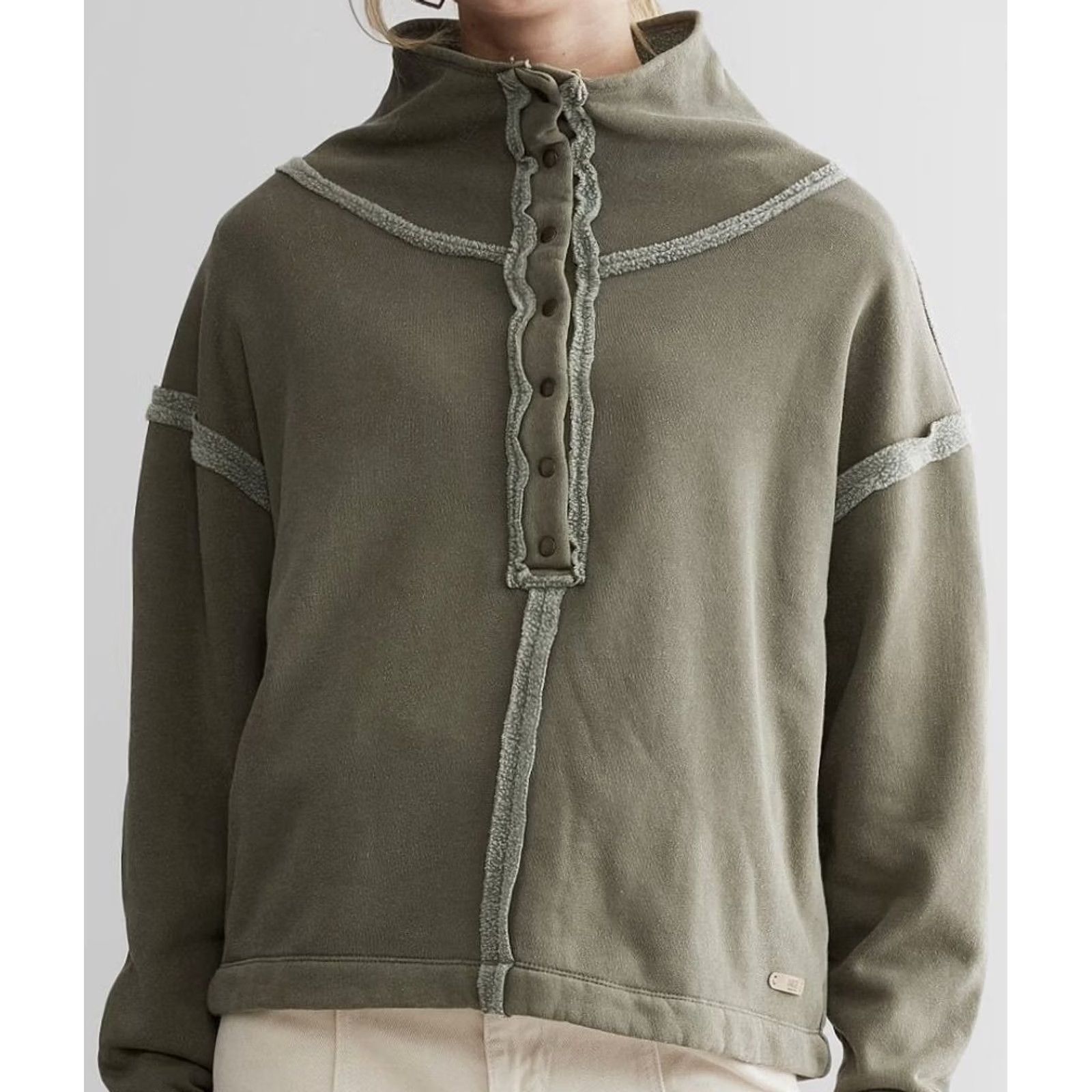 Vintage Buckle Women Pullover Sweater Mock Neck 1/4 Snap Fleece Lined Washed Olive Green S Size S / US 4 / IT 40 - 3 Thumbnail