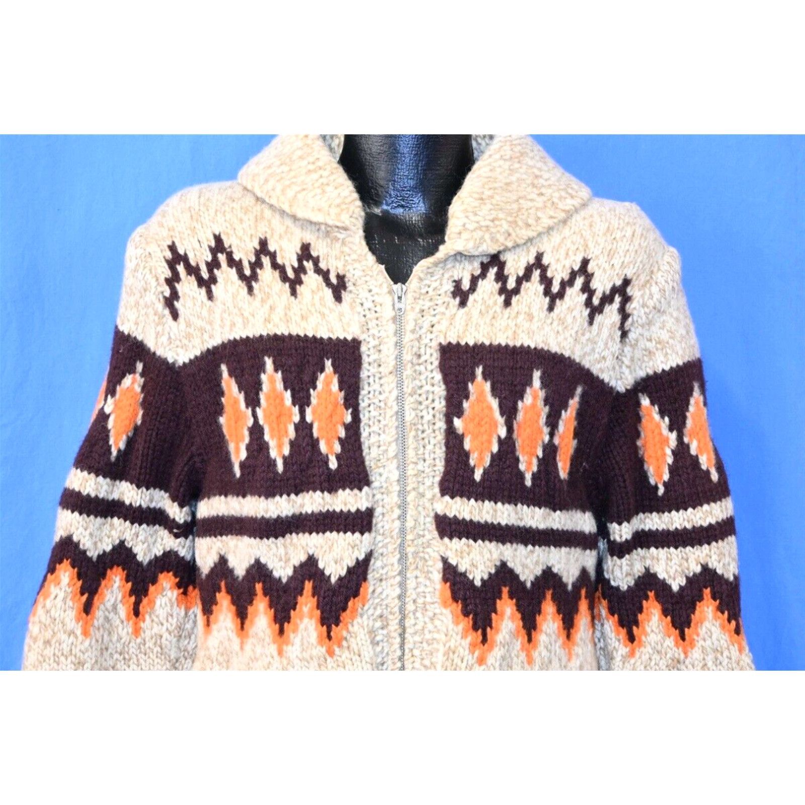 image of Vintage VTG 60S Cowichan Diamond Geometric Pockets Zipper Heavy Wool Cardigan Sweater S in White (S