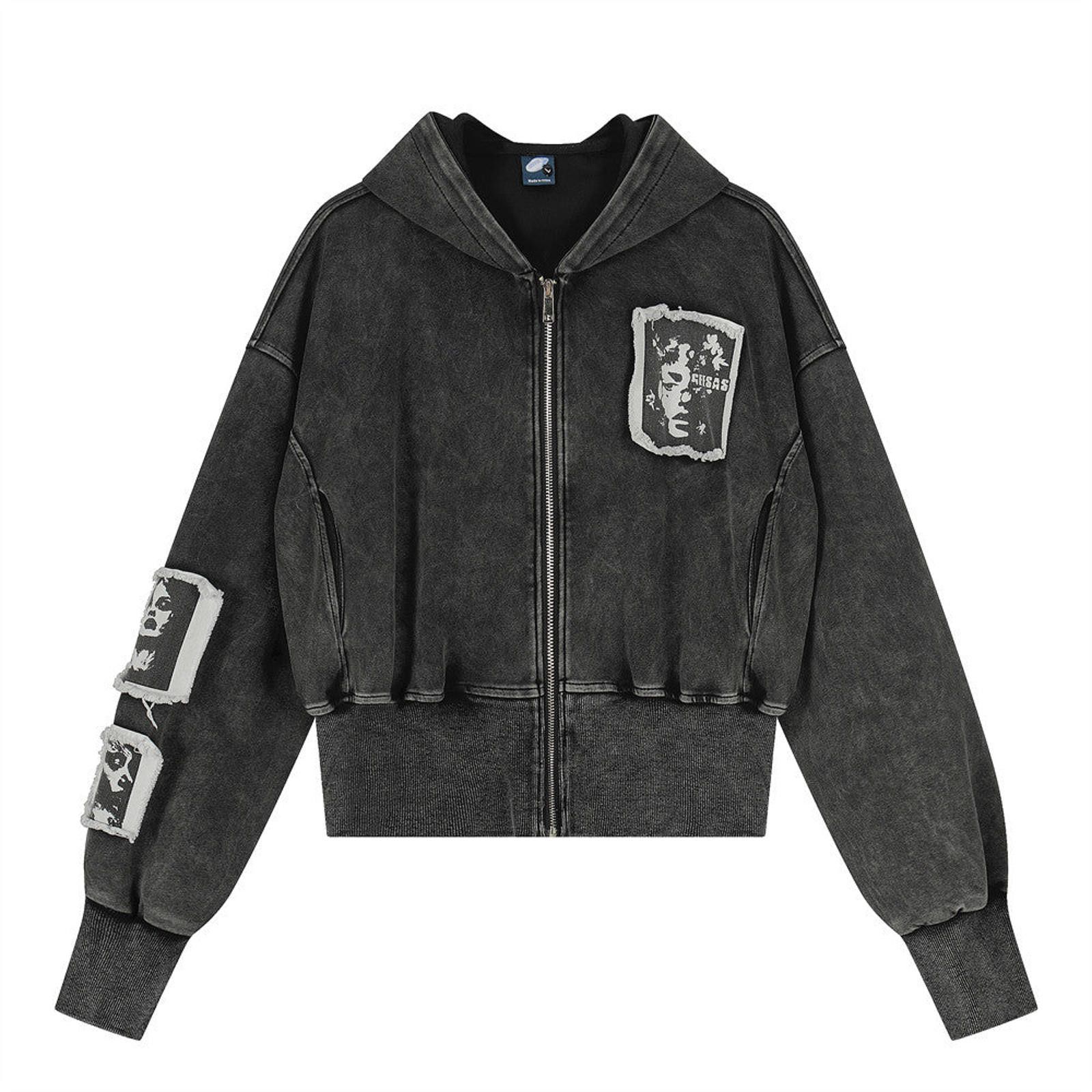 Vintage Cropped Grunge Black Zip-Up Hoodie Artistic Patchwork Size M / US 6-8 / IT 42-44 - 1 Thumbnail