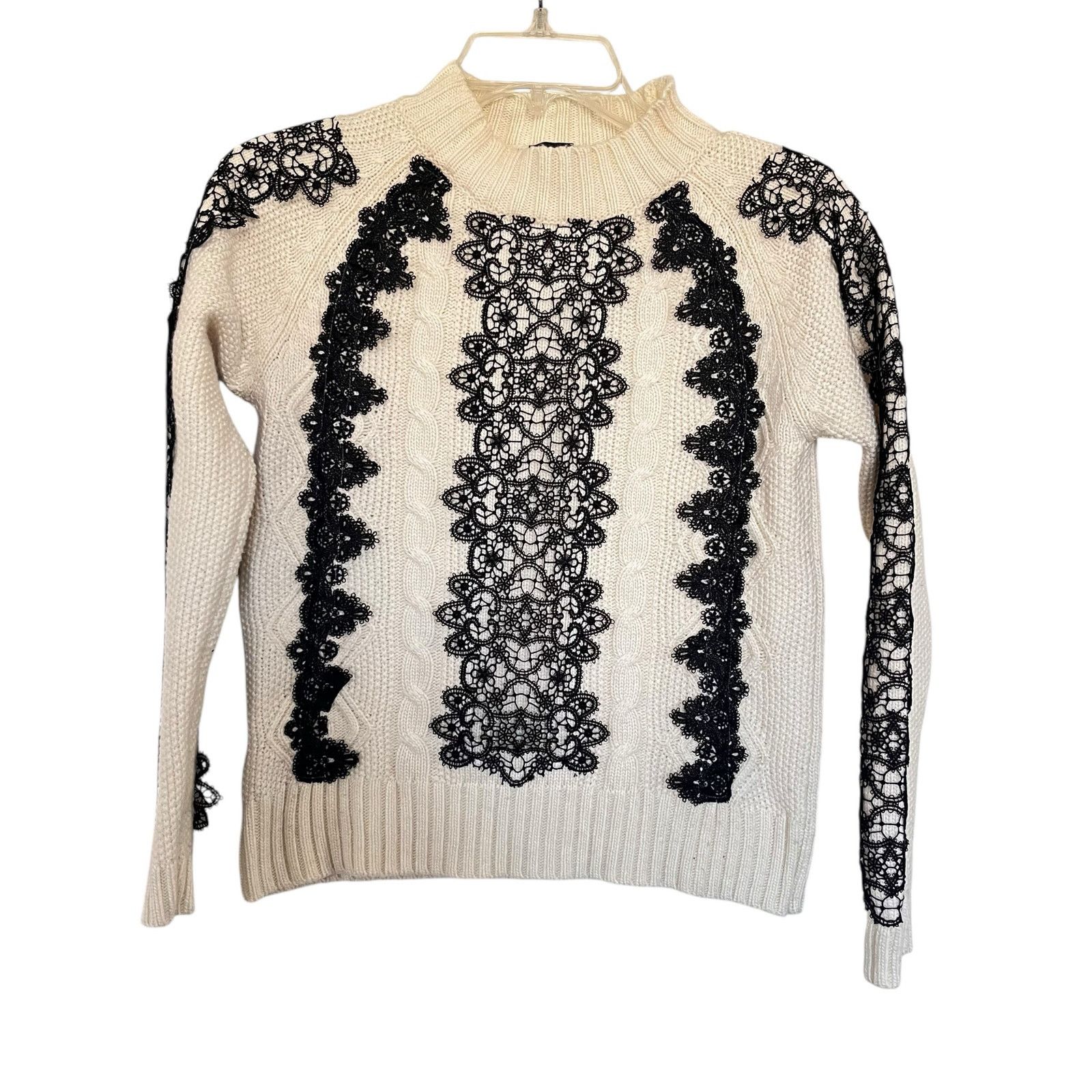 Pinko Pinko Cream Black Lace Cable Knit Mock Neck Sweater Size XS / US 0-2 / IT 36-38 - 1 Thumbnail