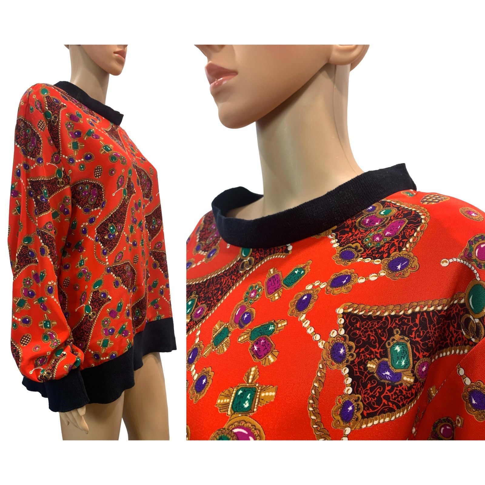 Vintage 80s Oversized Jewel Print Pullover Tunic | Silky Size M / US 6-8 / IT 42-44 - 2 Thumbnail