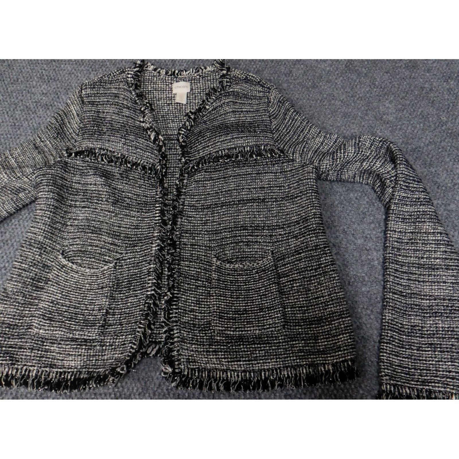 Vintage Chicos Jacket Blazer Open Cotton Gray Striped Fur Trim Knit Regular Women 0 Medium Casual Designer Open Front Fall Spring Womens Size XS / US 0-2 / IT 36-38 - 3 Thumbnail
