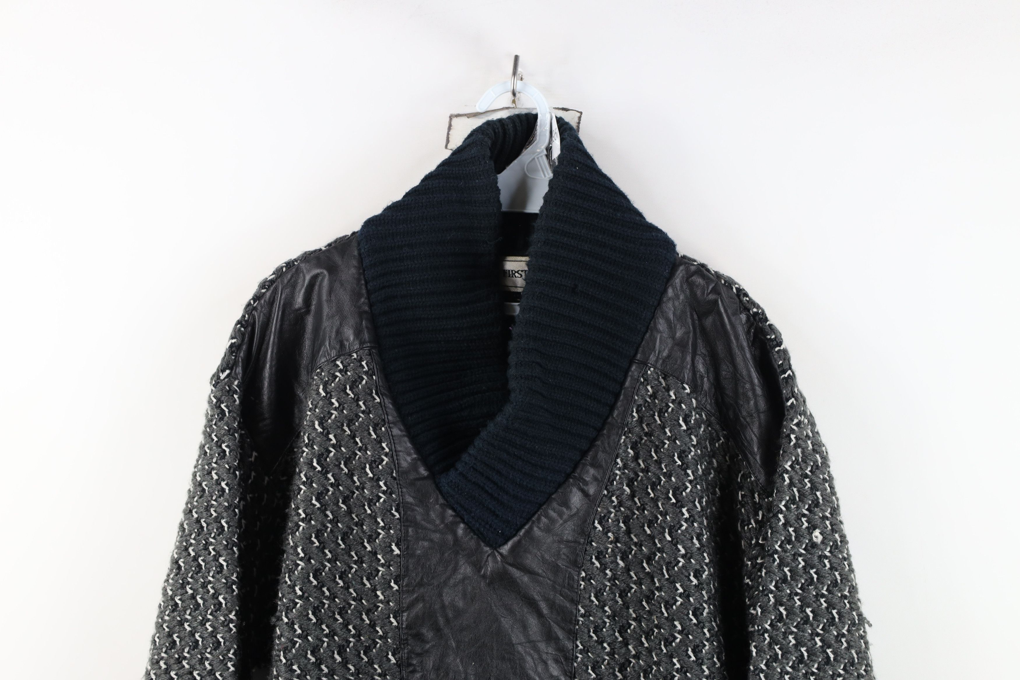 Vintage Vintage 90s Streetwear Knit Leather Trim Shawl Sweater Gray Size US M / EU 48-50 / 2 - 2 Thumbnail