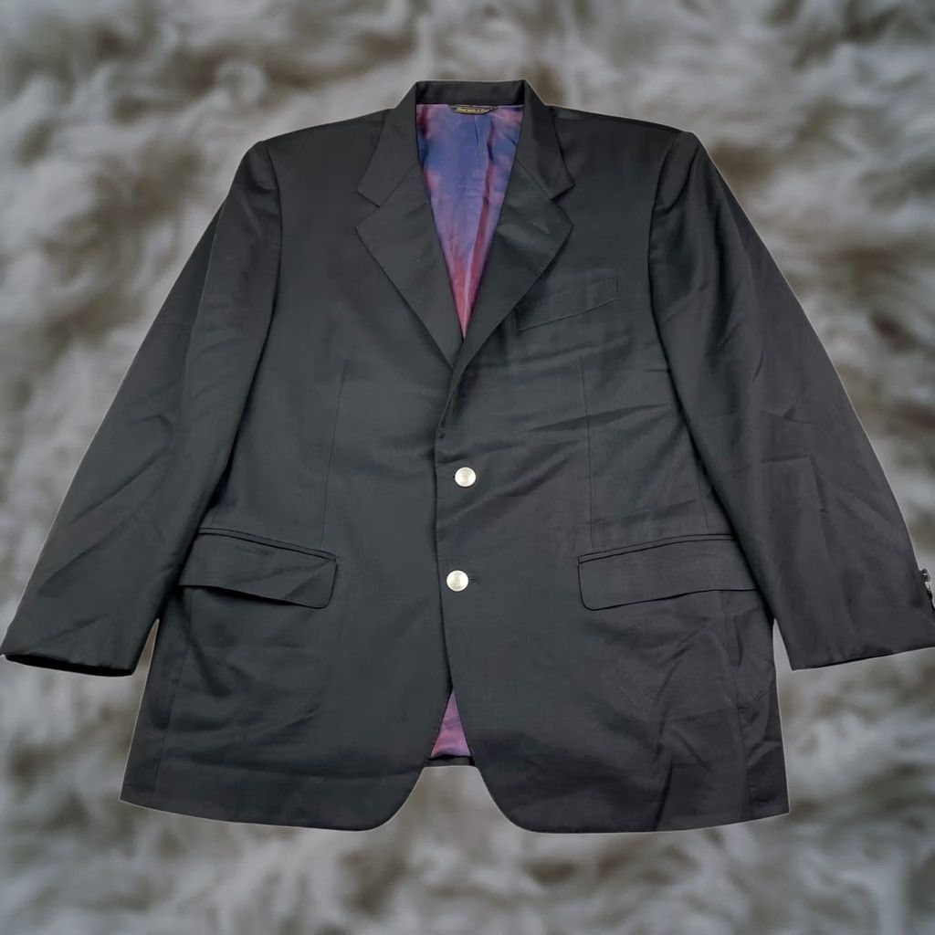 Vintage Guabello Men's Blazer 2-Button Wool Black 44R Italy Notch Lapel Double-Vented Silver Buttons 130's Size 44R - 1 Thumbnail