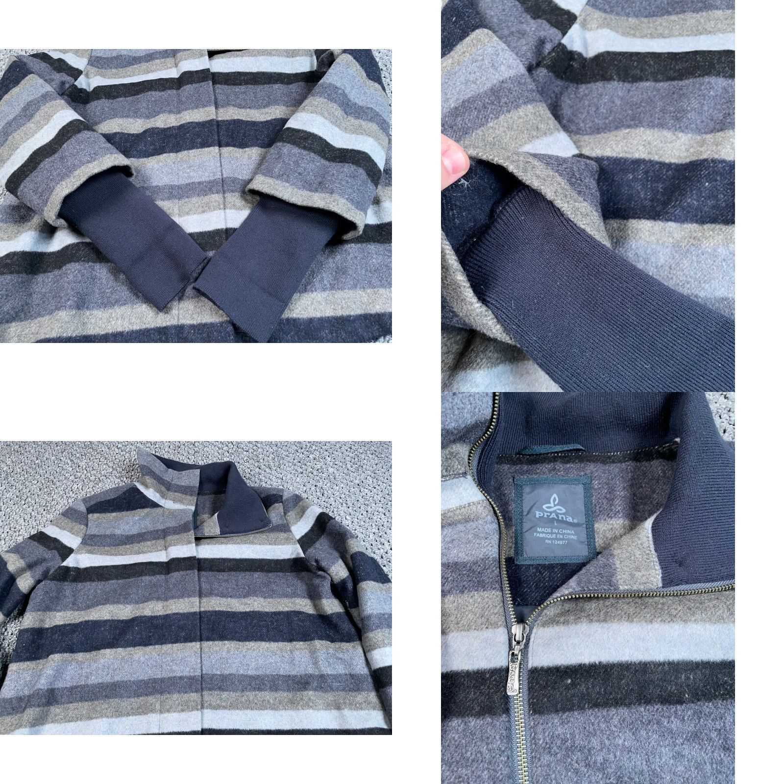 Prana prAna Jacket Women Large Gray Olive Green Striped Zip Front Insulated Wool-Blend Pockets Size L / US 10 / IT 46 - 9 Thumbnail