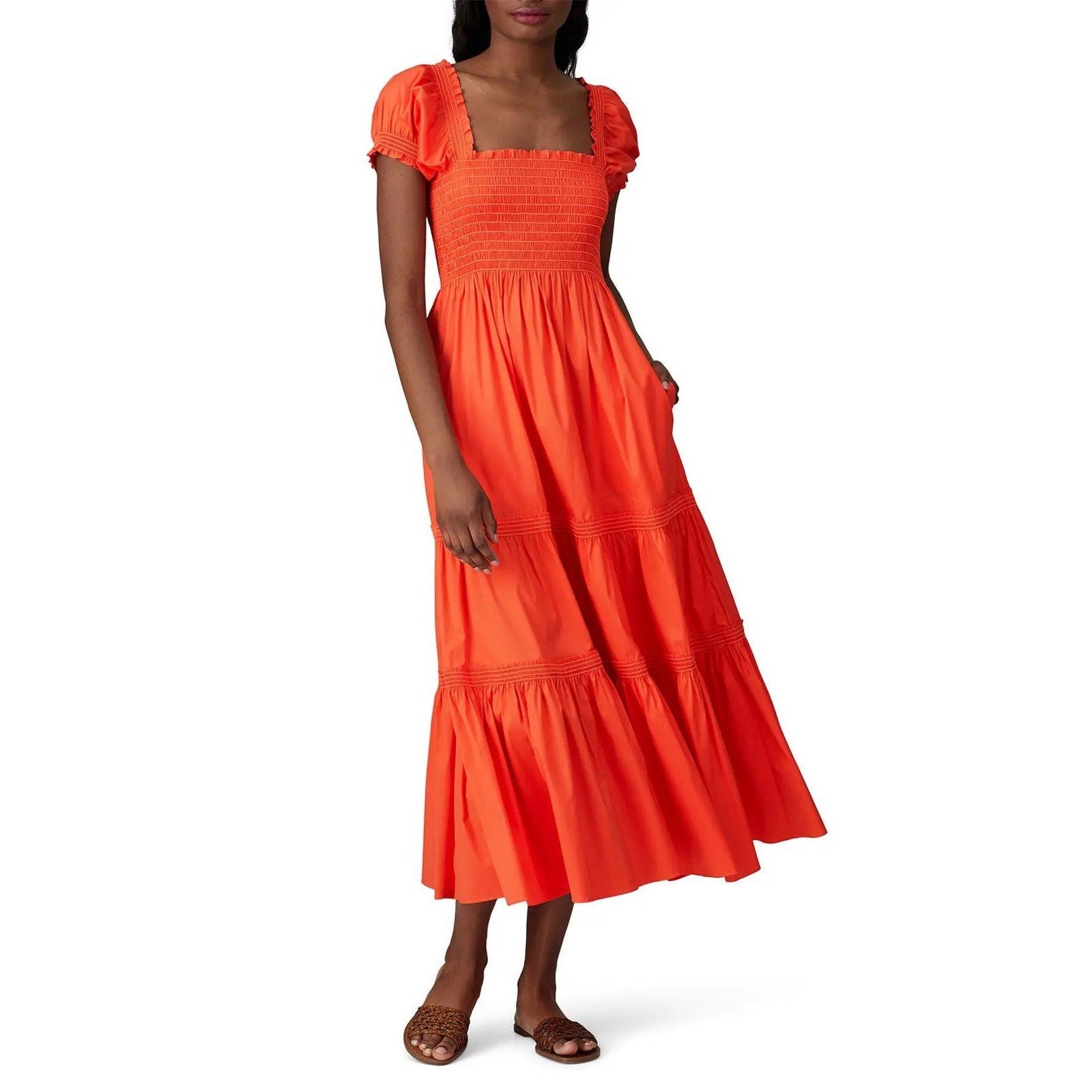 Tory Burch Striped Smocked Midi Dress Pink Red Preppy Tiered