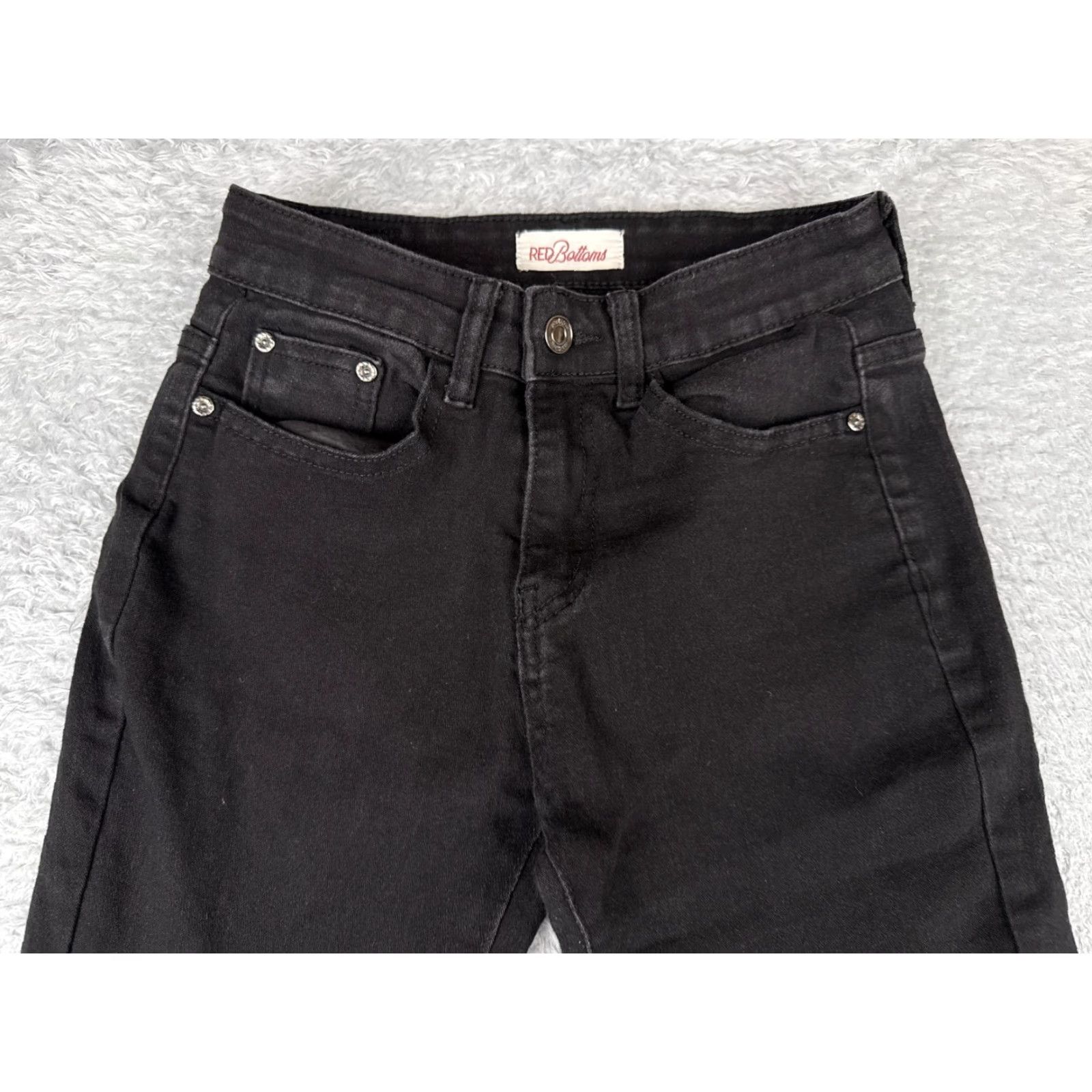 Vintage Red Bottoms Jeans Women's 5 Black Denim Flare Low Rise 25x30 Cotton Blend 5-Pocket Zipper Button Vintage? No Size 27" / US 4 / IT 40 - 4 Thumbnail