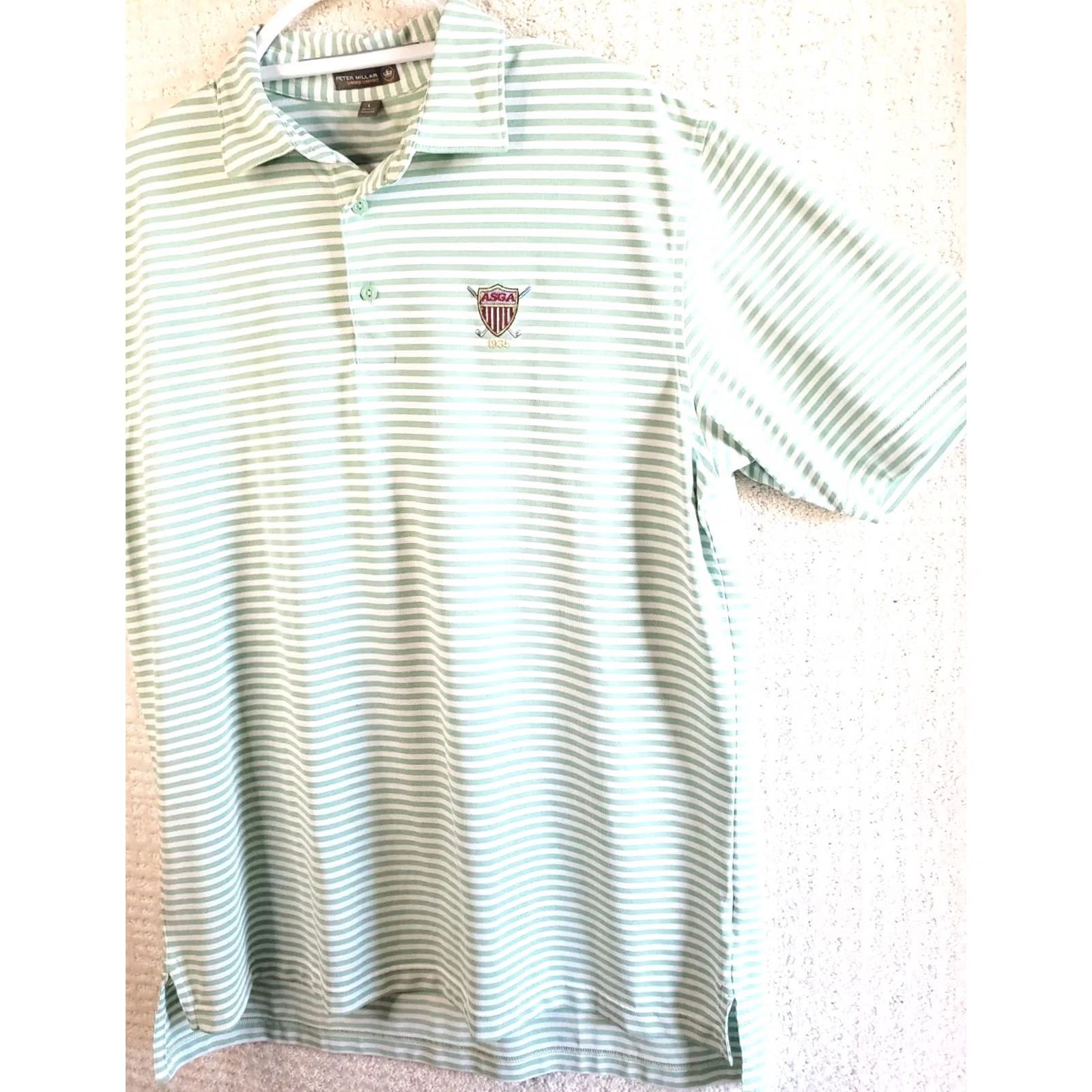 Peter Millar Peter Millar Summer Comfort Polo Shirt Striped Short Sleeve Button Front Mens L Green White Size US L / EU 52-54 / 3 - 6 Thumbnail