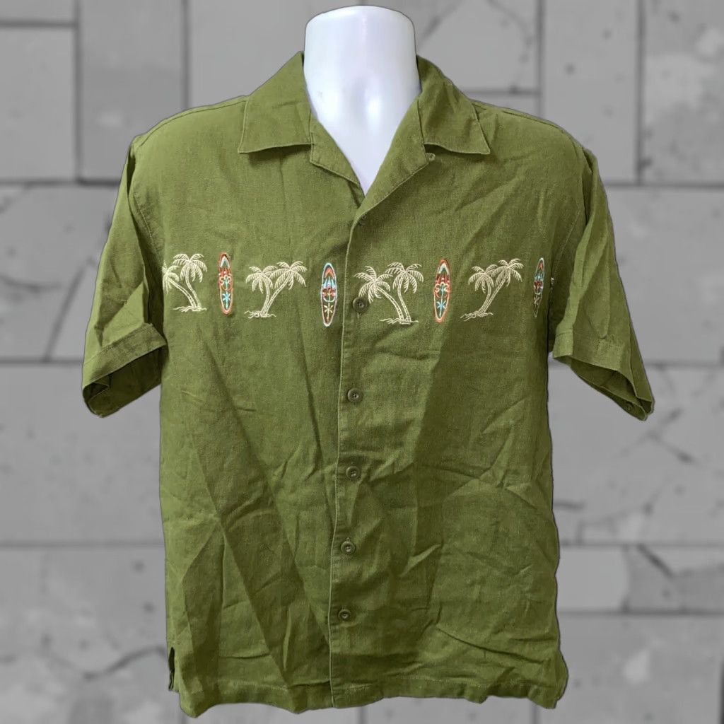 ALOHAS Island Blue Mens Short Sleeve Button-Up Aloha Hawaiian Shirt Green Linen/Rayon Embroidered Size M Size US M / EU 48-50 / 2 - 1 Thumbnail