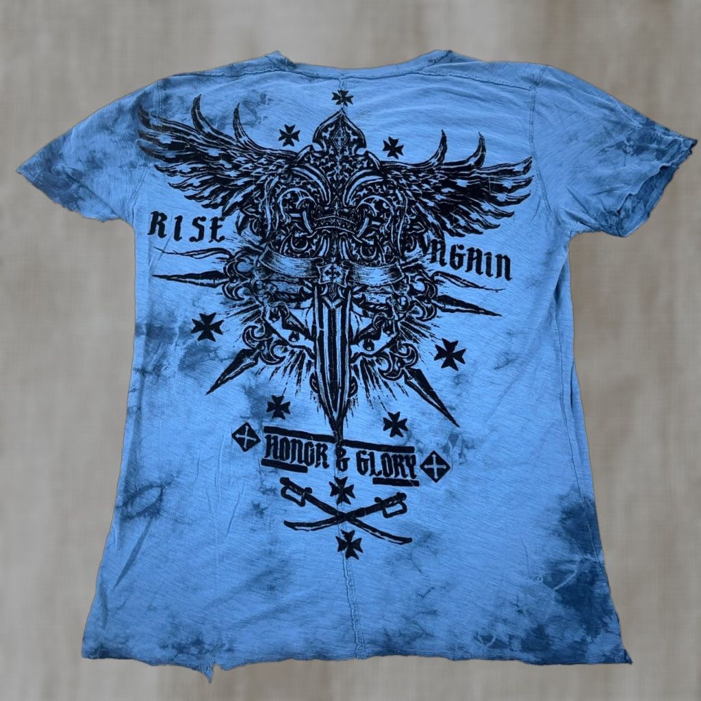 Vintage VINTAGE Raw State Men’s T-Shirt Large Blue Black Graphic Tee Short Sleeve Reversible All Seasons Guitar Skull 90s Size US L / EU 52-54 / 3 - 1 Thumbnail