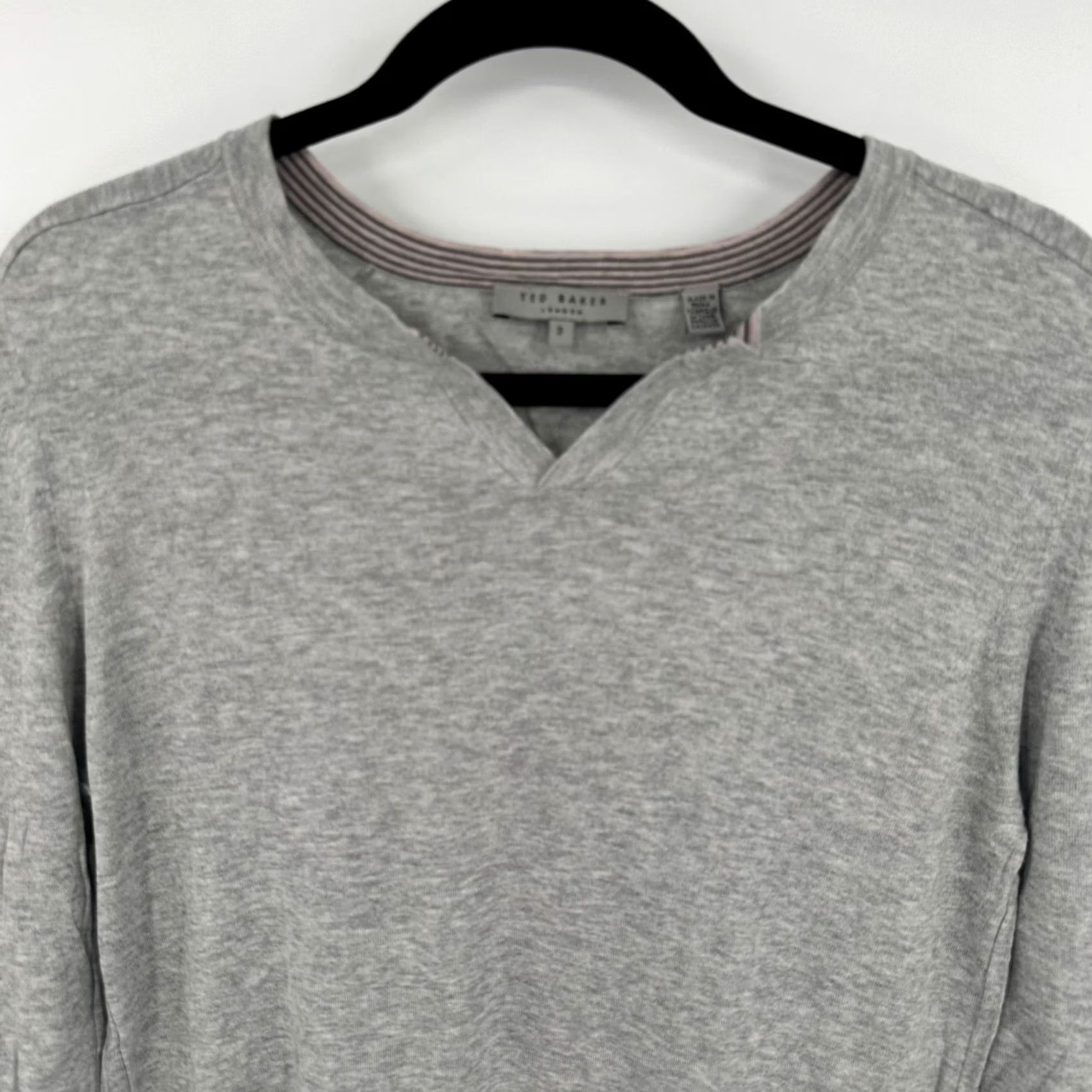 Ted Baker Ted Baker London Womens Grey Cotton Notched Neck Striped Trim Sweater Size 3 Size L / US 10 / IT 46 - 2 Thumbnail