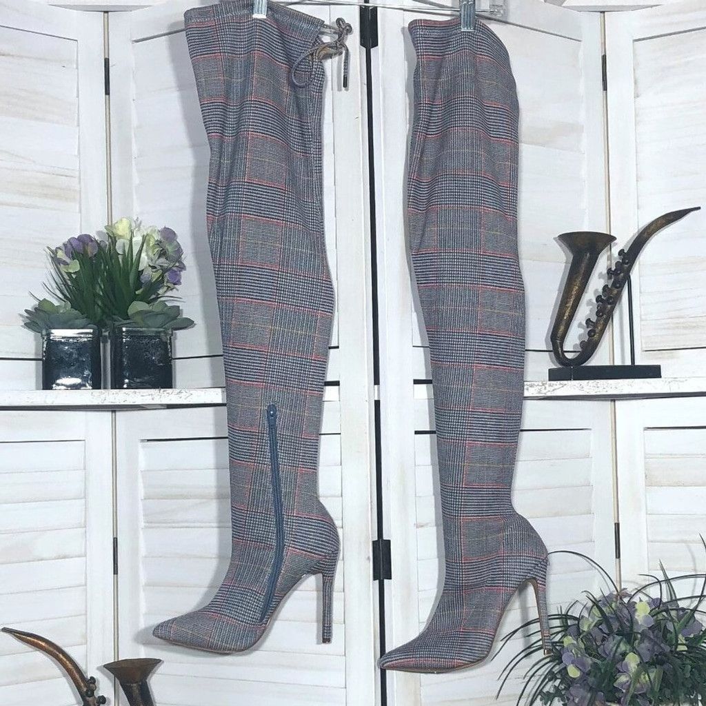 Forever 21 Y2K over the knee boots plaid grayred stretchy wide calf 7 Size US 7 / IT 37 - 1 Thumbnail