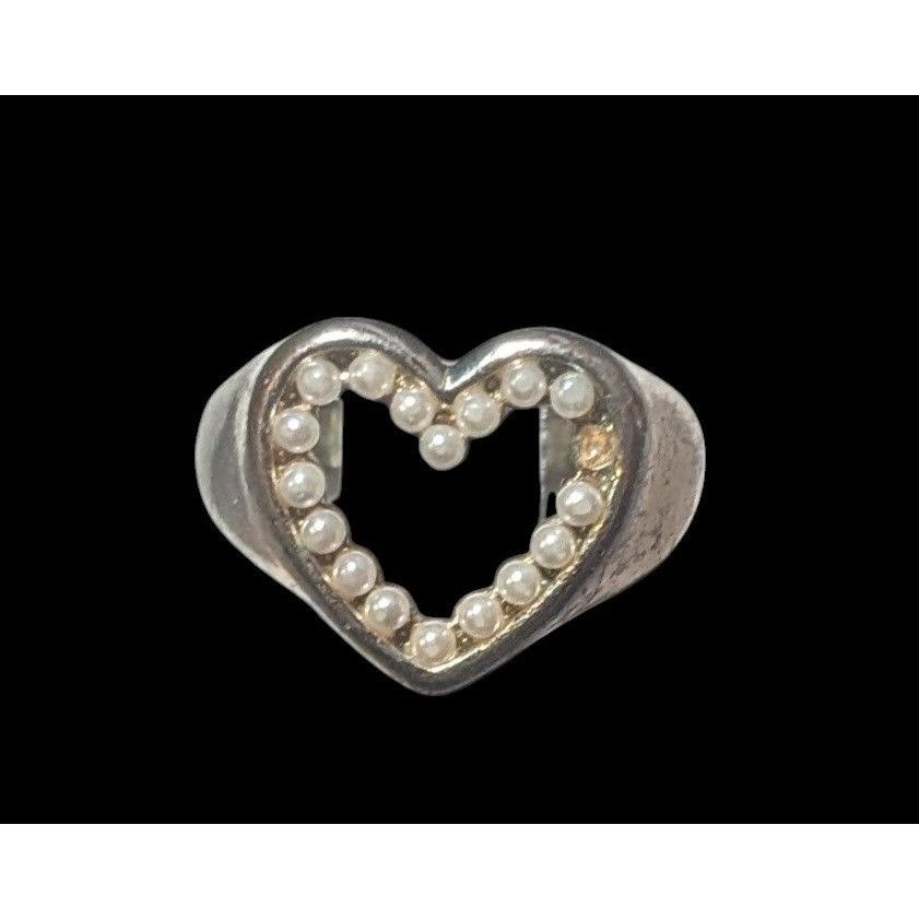 Other Vintage Open Heart Silver Tone Seed Pearl Ring Size 6 1/4 Size ONE SIZE - 9 Thumbnail