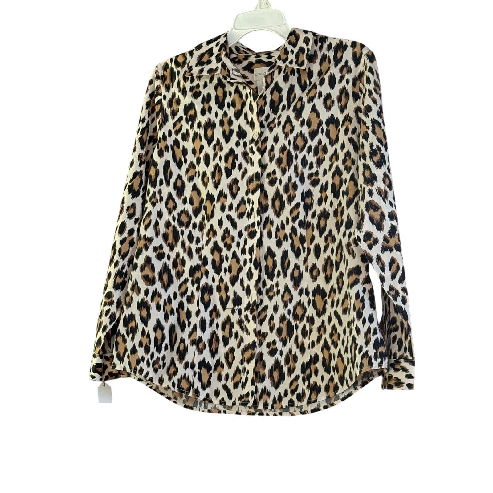 Chicos Chico’s Leopard Print No Iron Blouse Sz 1 Cotton Button Up Size M / US 6-8 / IT 42-44 - 4 Thumbnail