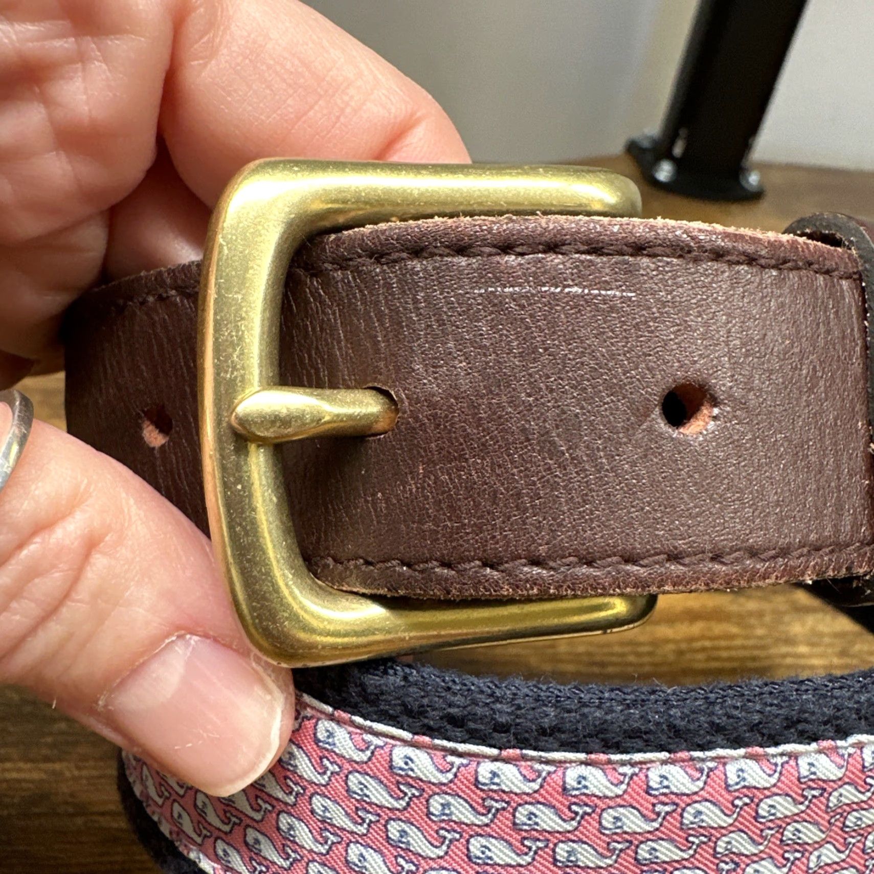 Vineyard Vines Vineyard Vines Belt Canvas Brown Leather Whale Mens 30 Belt Nautical Whales Pattern Adjustable Buckle 1.25” Brown/Pink/Blue Size 30 - 3 Thumbnail