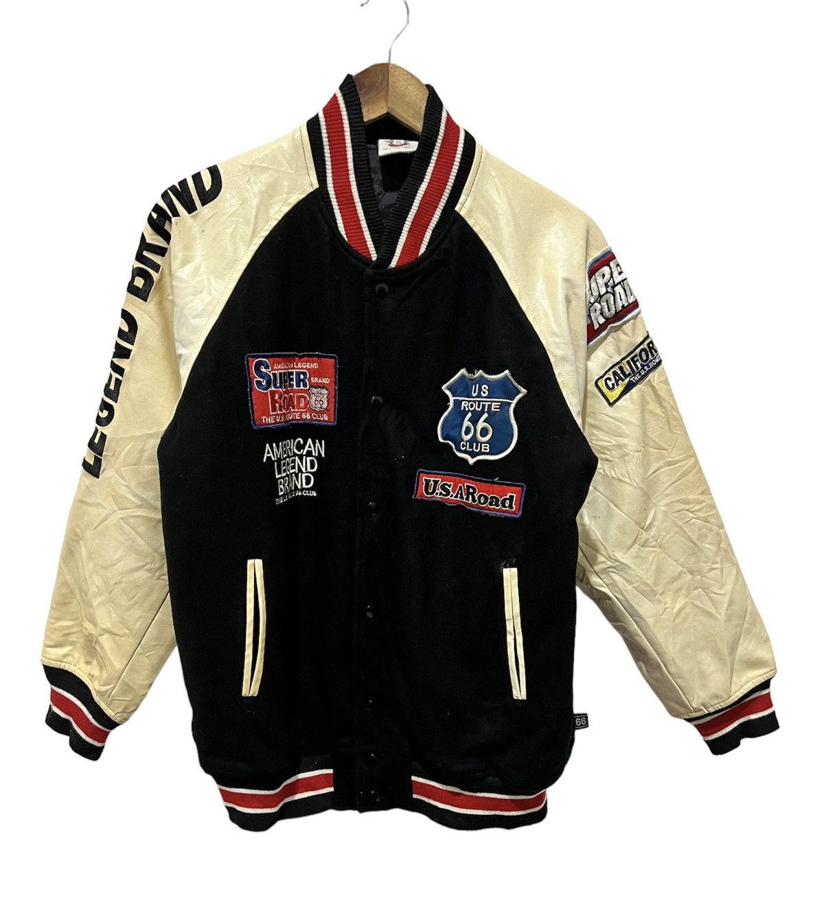 image of America x Varsity Jacket The U.s Route 66 Club Motorcycle Varsity Jacket in Black (Size Small)
