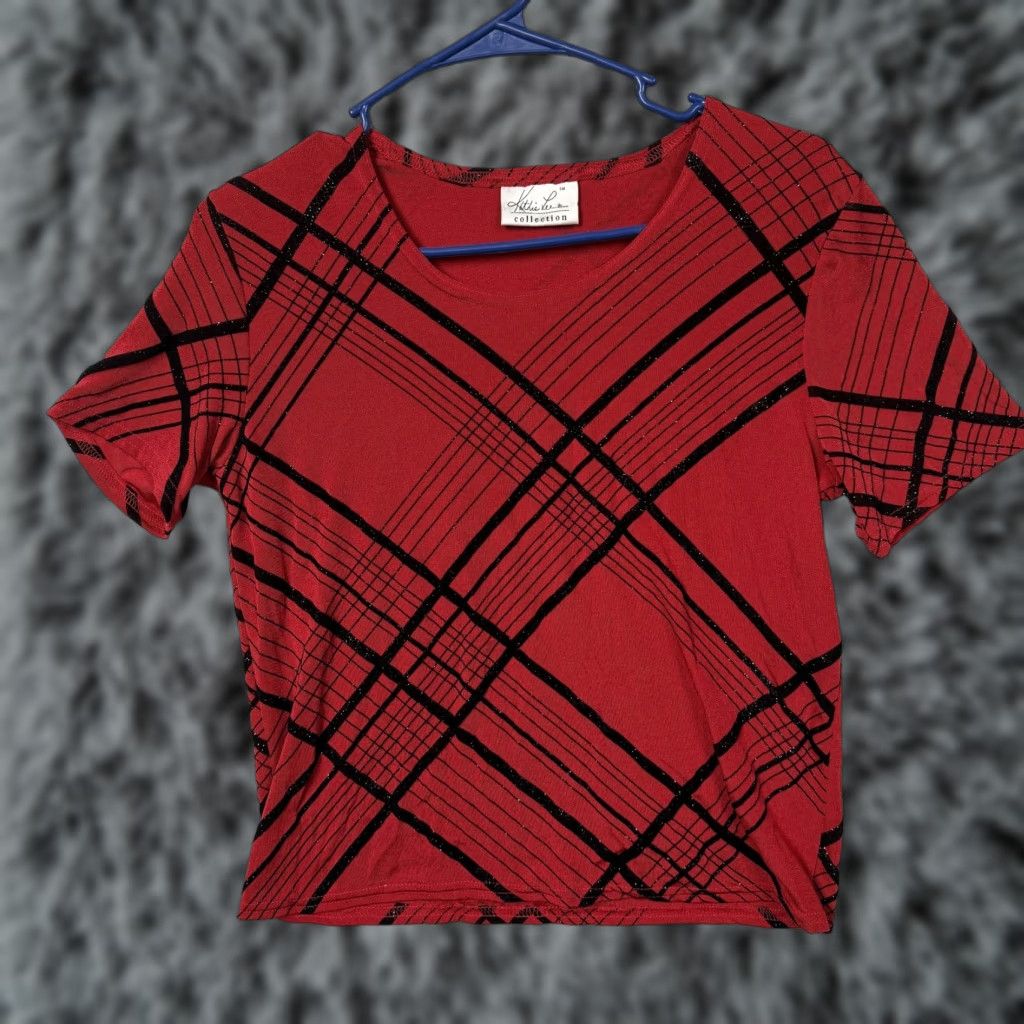 Lee VTG 90s Y2K Kathie Lee Collection Womens T-Shirt Red Black Glitter Plaid Round Neck Short Sleeve Casual Vintage Grunge Disco Size M / US 6-8 / IT 42-44 - 1 Thumbnail
