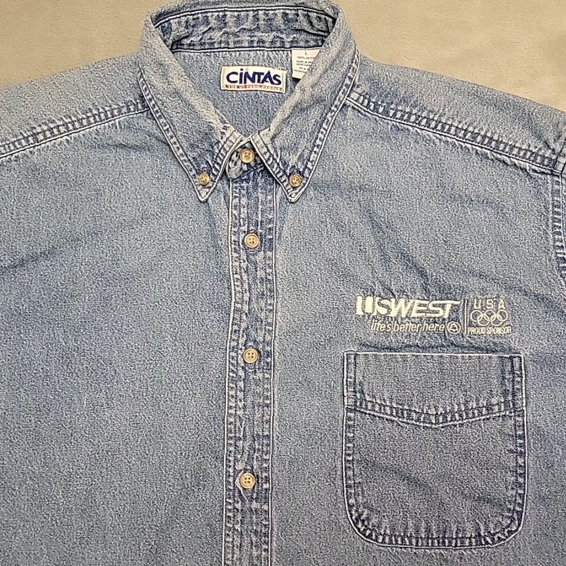 Denime VINTAGE US West Olympic Sponsor Shirt Mens Large Blue Denim Long Sleeve Button-Down Collared Shirt Size US L / EU 52-54 / 3 - 3 Thumbnail