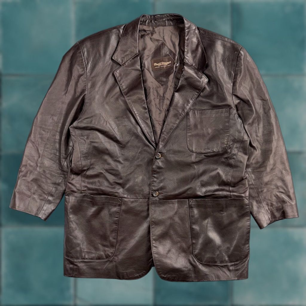 Paul Stuart VINTAGE Paul Stuart Brown Leather Blazer Jacket XL Classic Mid-Length Casual 80s Mens Size 46R - 1 Thumbnail