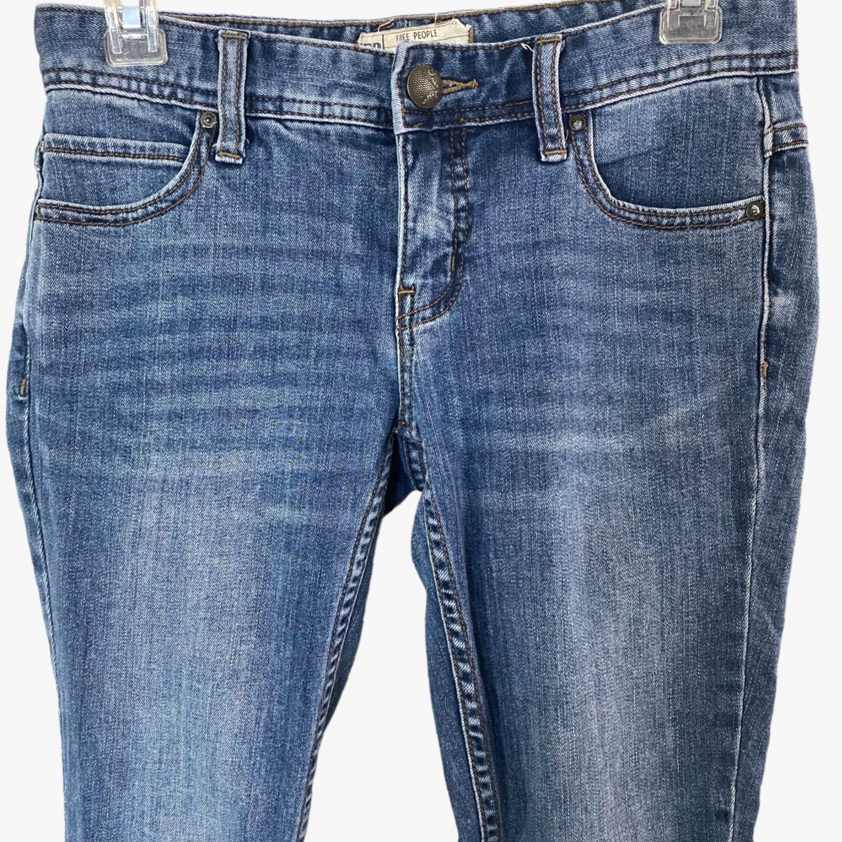 Free People Free People Skinny Jeans Womens 25 Blue Denim Mid Distressed Raw Hem Ankle Cropped Pockets Stretch Cotton Blend Denim 5-Pocket Womens Jeans Size 42" / US 20 - 5 Thumbnail