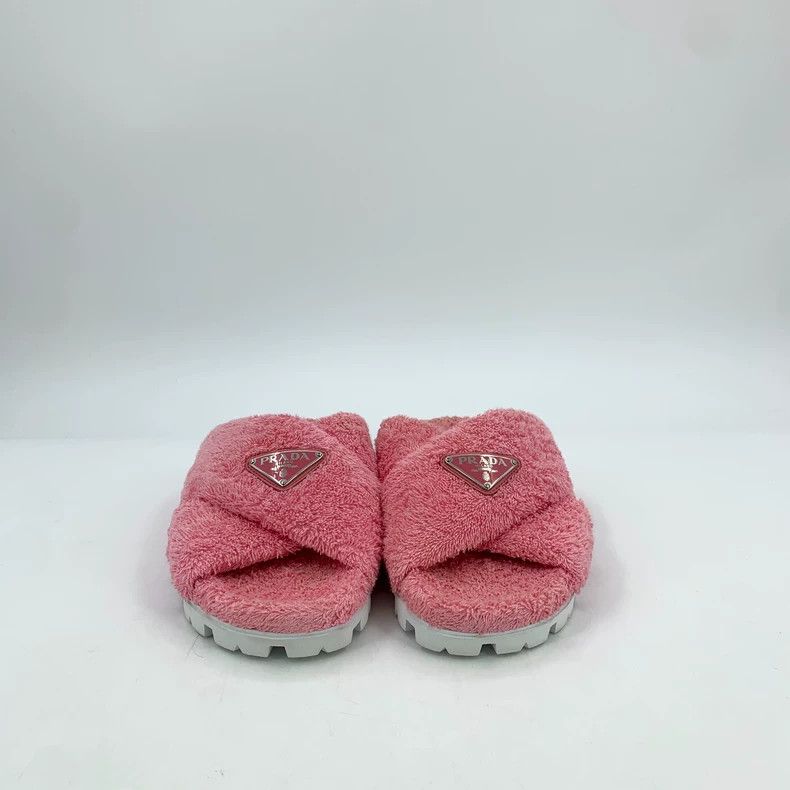Prada Prada Pink triangle cross-plush casual flat slippers Size US 7 / IT 37 - 3 Thumbnail