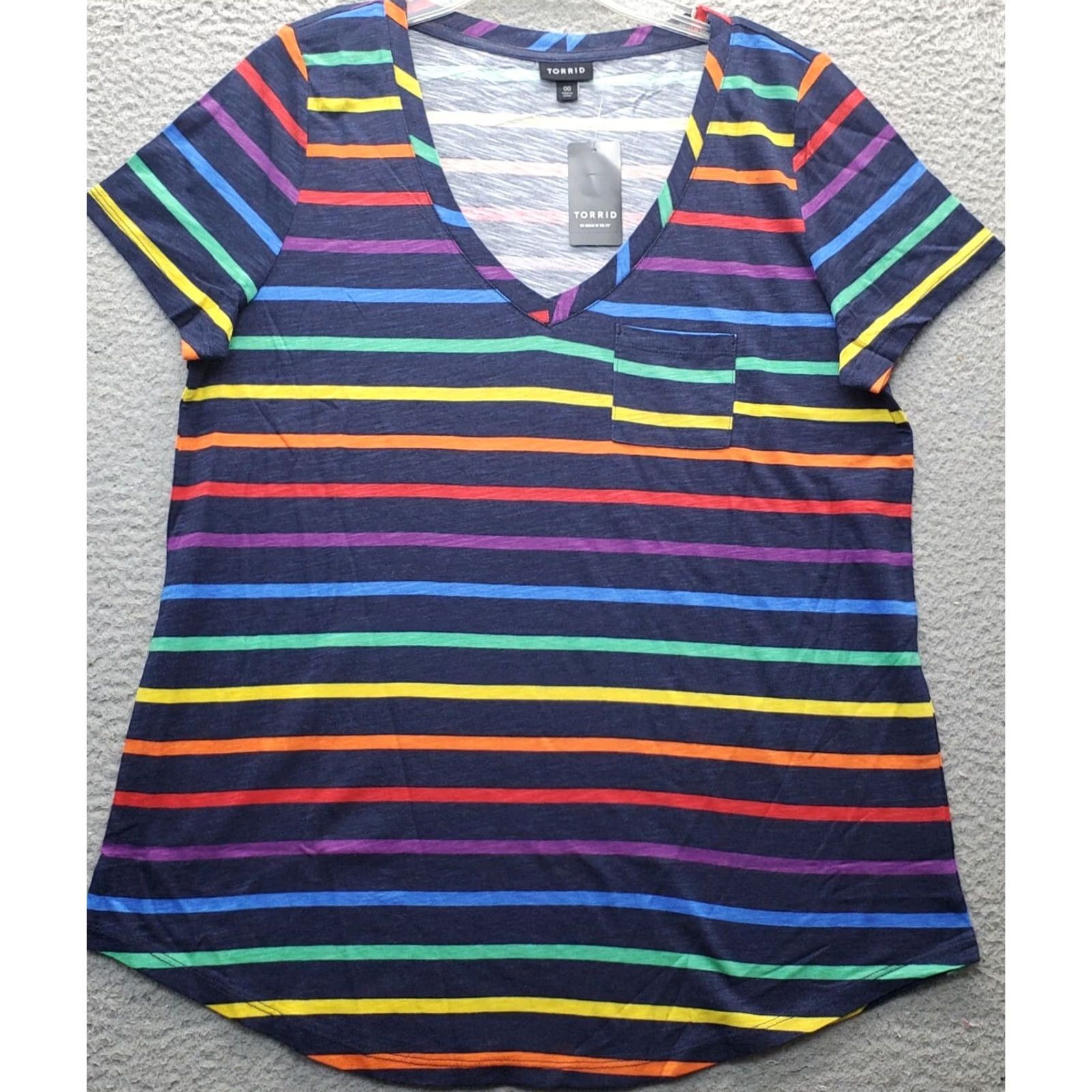 Torrid Torrid T Shirt Womens 00 Multicolor Striped Deep V Neck We Swear By The Fit Round Hem Shirt Womens 00 Multicolor Striped V-Neck Torrid Size XXS / US 00 / IT 34 - 2 Thumbnail