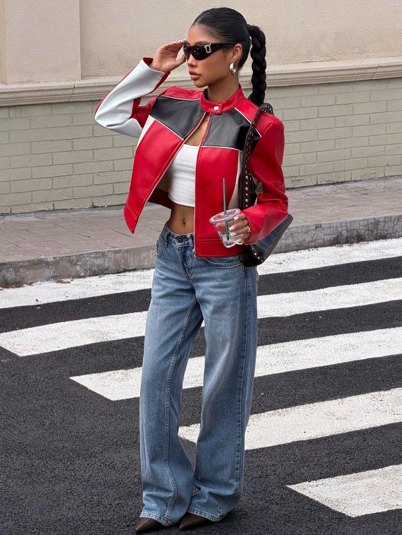 Other Women’s Red Cropped Racing Jacket | Black White Moto Style Size L / US 10 / IT 46 - 4 Thumbnail