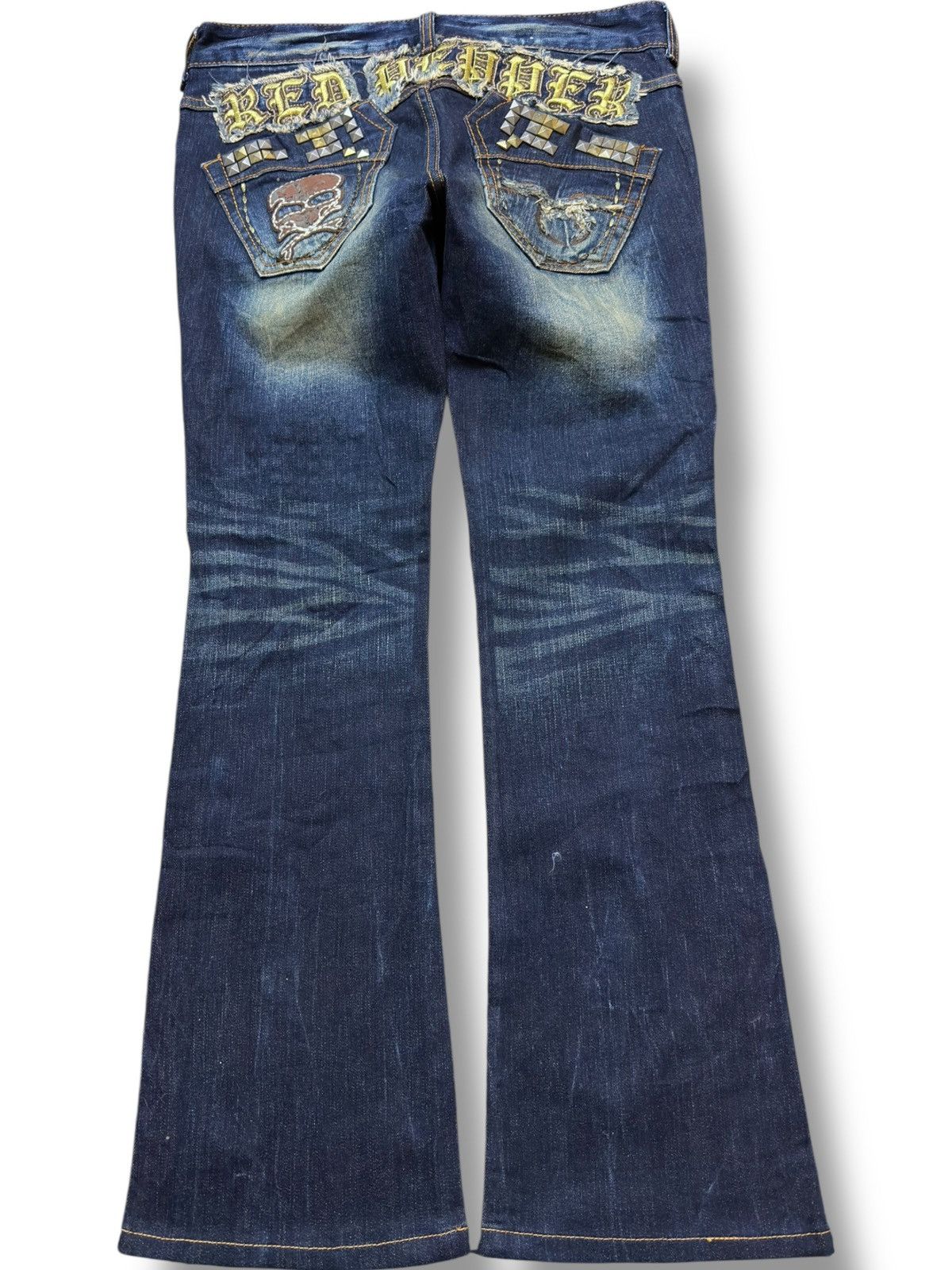 Ed Hardy Vintage Red Pepper Flare Embroidery Skull Studded Denim Size US 31 - 4 Thumbnail