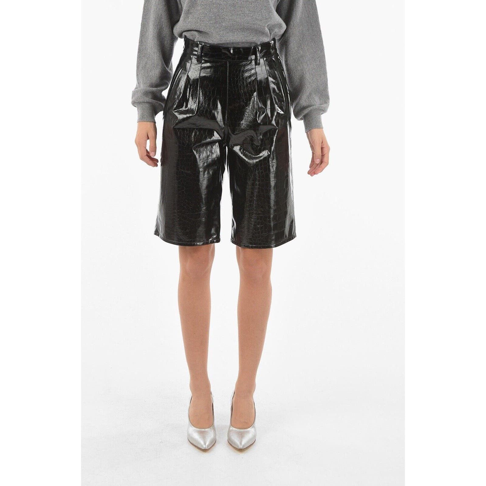 image of Maison Margiela High Rise Croc Effect Bermuda Black Shorts, Women's (Size 26)