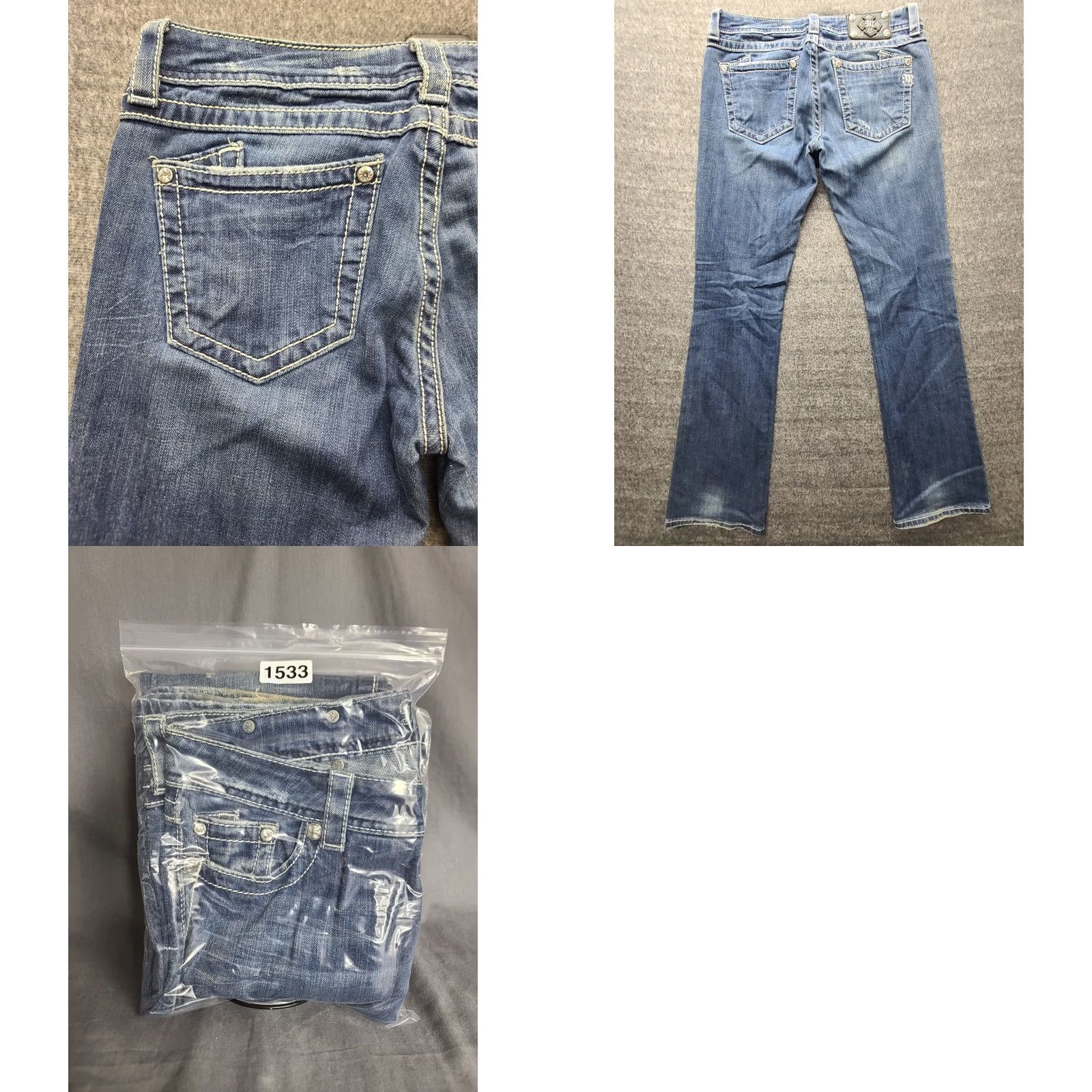 Miss Me Miss Me Jeans Womens 29x32 Regular Fit Bootcut Mid Rise Distressed Stretch Denim Blue Embroidered Rhinestone 5-Pocket Design Size 29" - 9 Thumbnail