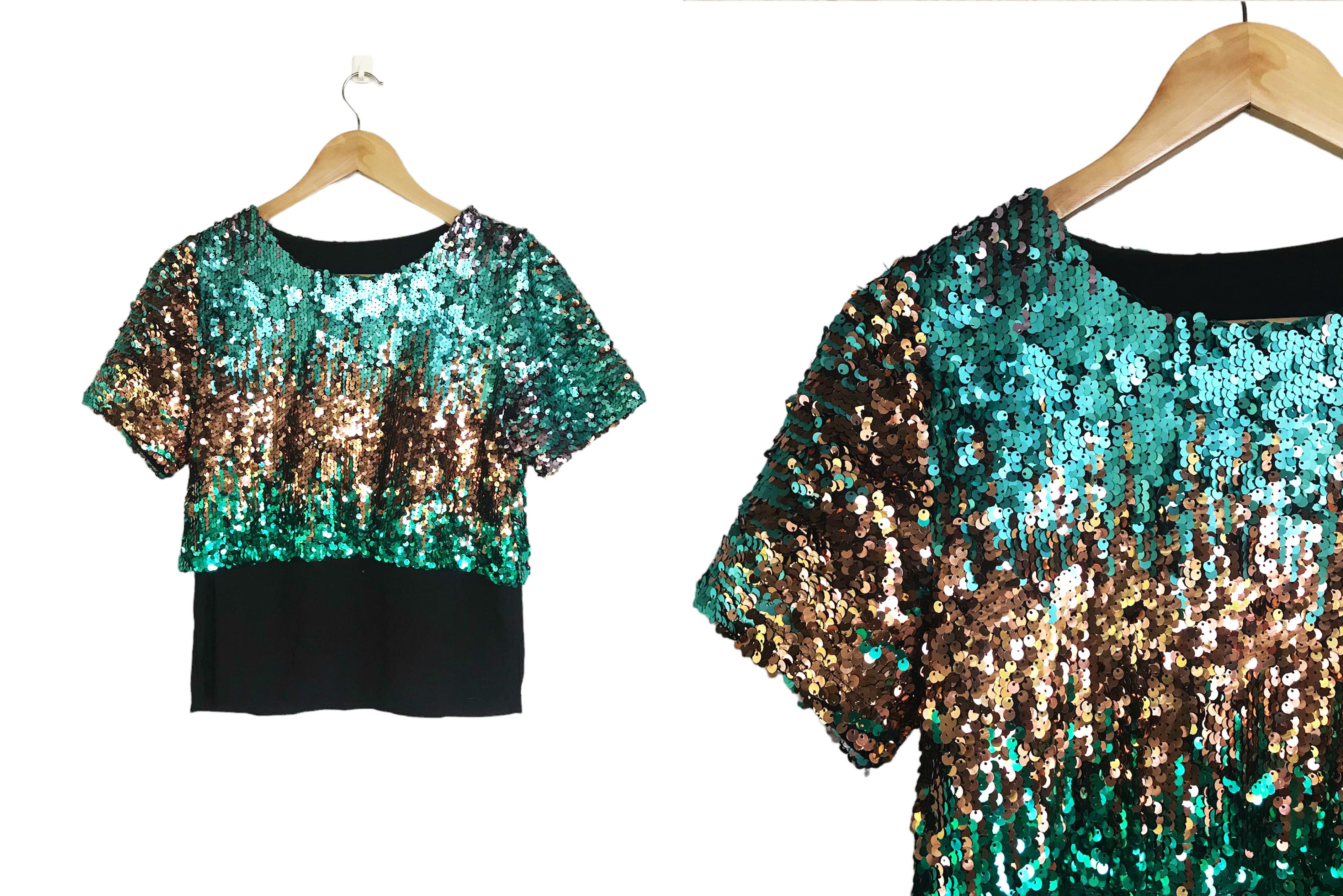 Vintage Green and Bronze sequin Blouse, sheer chiffon layered Size M / US 6-8 / IT 42-44 - 3 Thumbnail