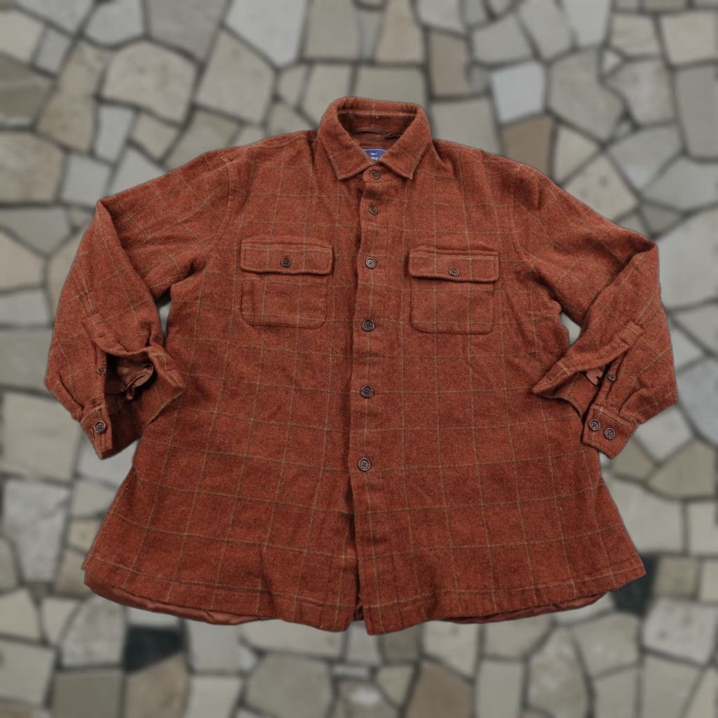 Vintage Faconnable Jacket Men XL Brown Wool Windowpane Plaid Shirt Lined Shacket