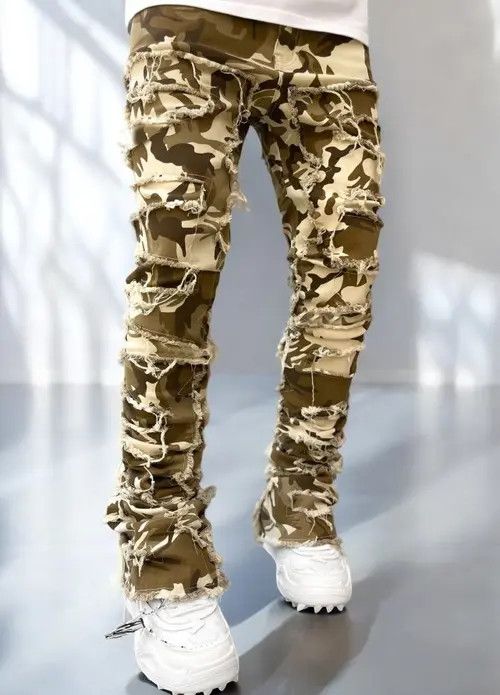 Camo Stacked Distressed Denim Jeans