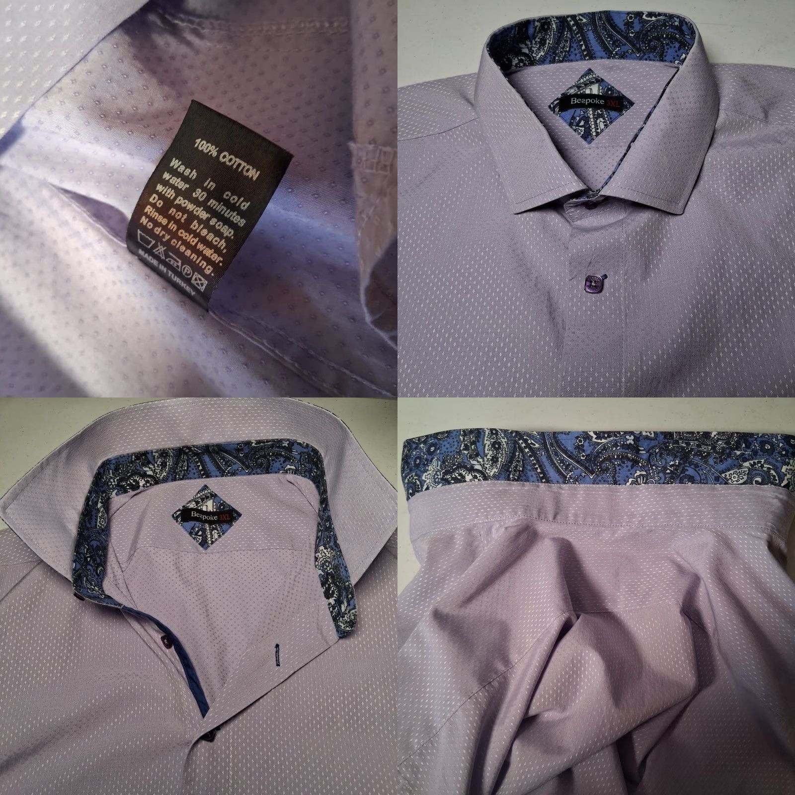 Vintage VINTAGE Beaspoke Dress Shirt Men 3XL Long Sleeve Lavender Purple Blue Paisley Flip Cuff Button Collar Spread Slim Big & Tall Mens Dress Shirt Size 48R - 8 Thumbnail