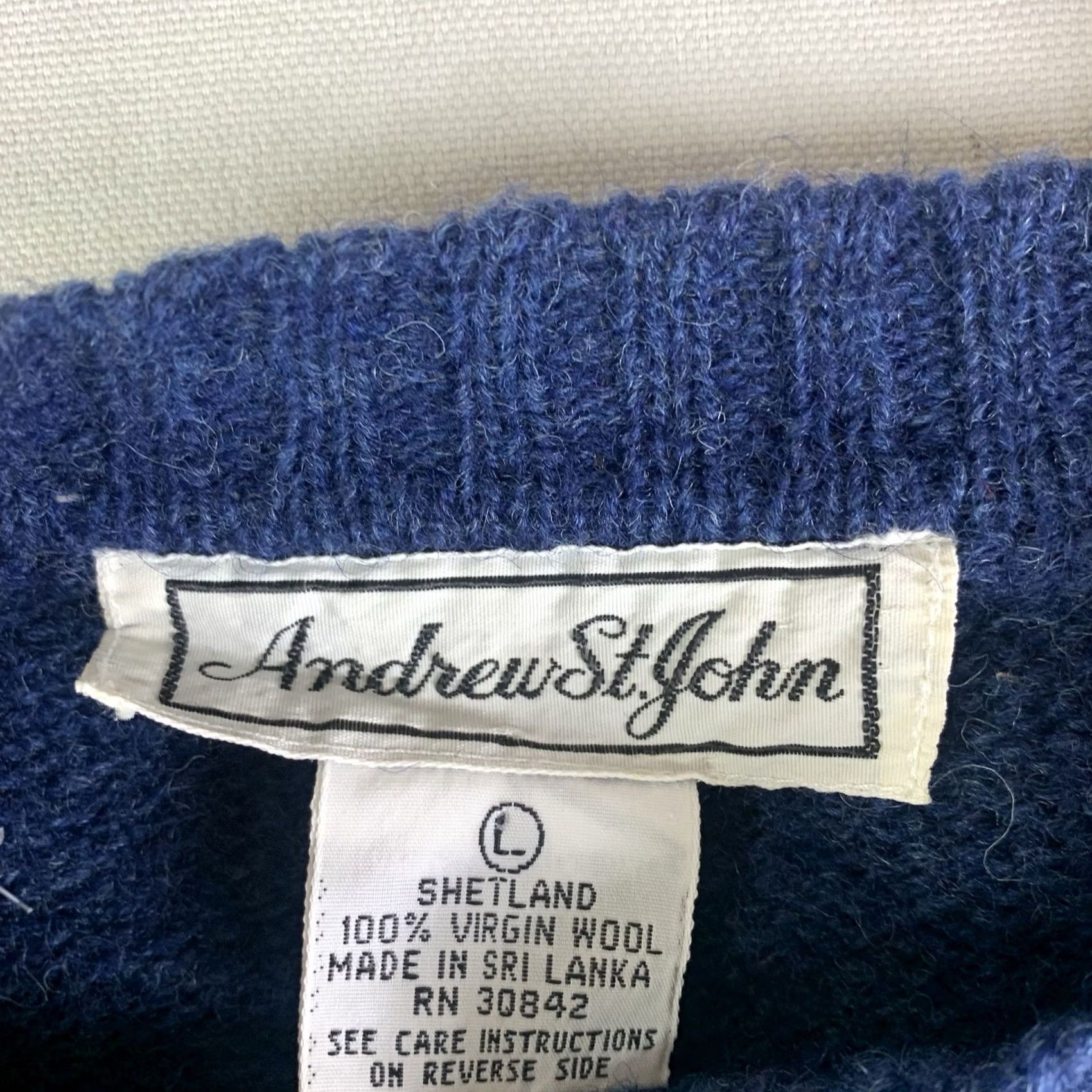 Vintage Andrew St. John Sweater Crewneck Pullover Knit Navy Blue 100% Wool Men's Large Regular Knit Style Fisherman 2 Holes Size US L / EU 52-54 / 3 - 2 Thumbnail
